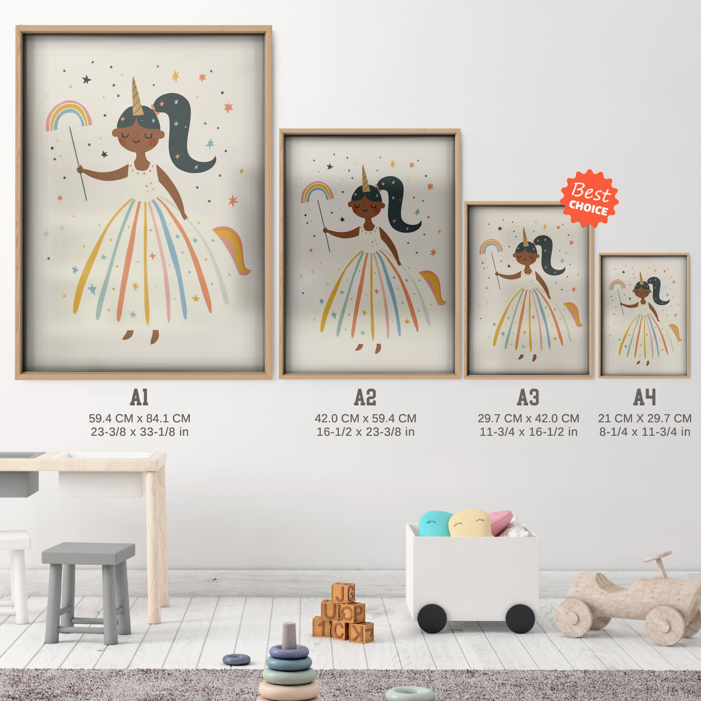 Rainbow Princess Nursery Print - size guide A4 A3 A2 A1 nursery print