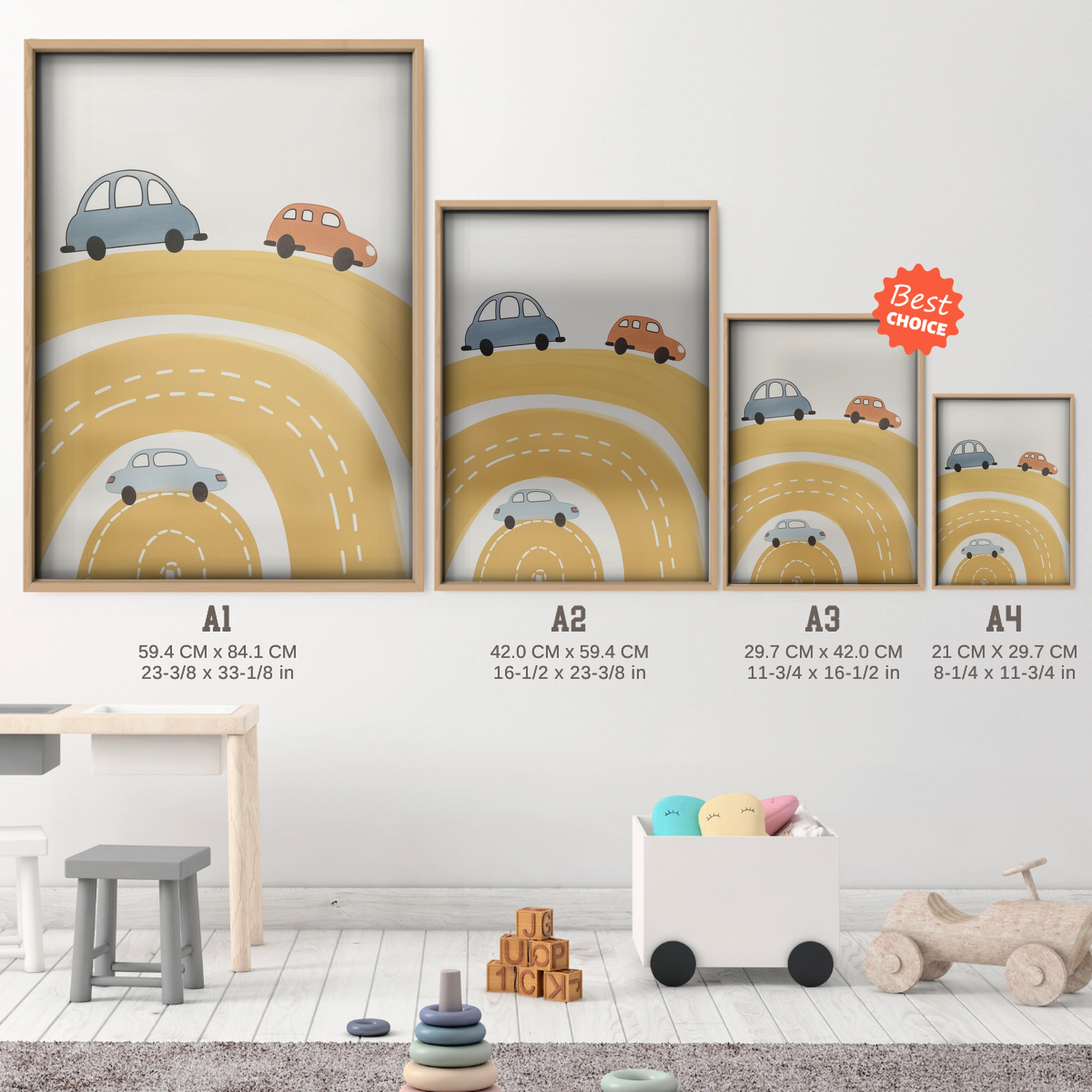Rainbow Road Cars Nursery Print - size guide A4 A3 A2 A1 nursery print