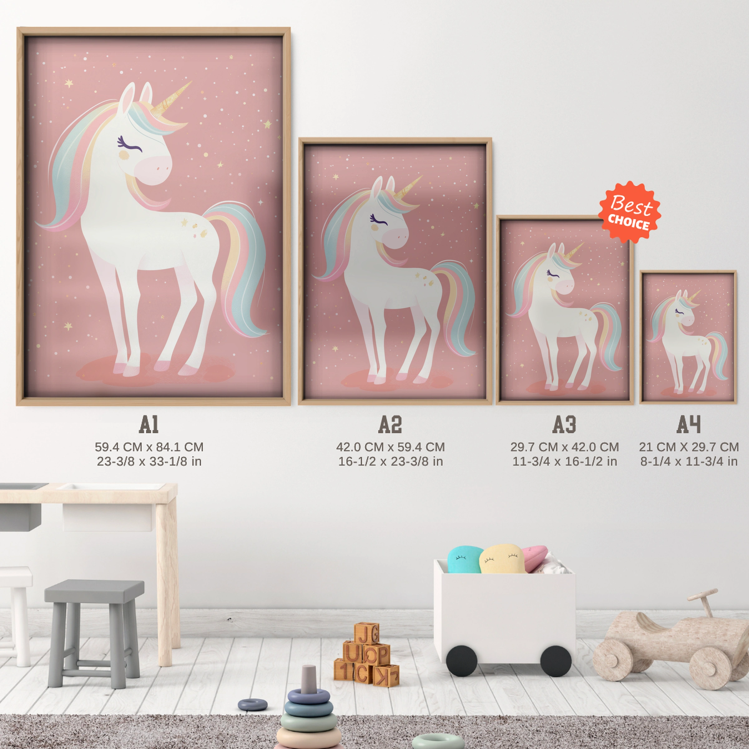 Rainbow Unicorn Nursery Print - size guide A4 A3 A2 A1 nursery print