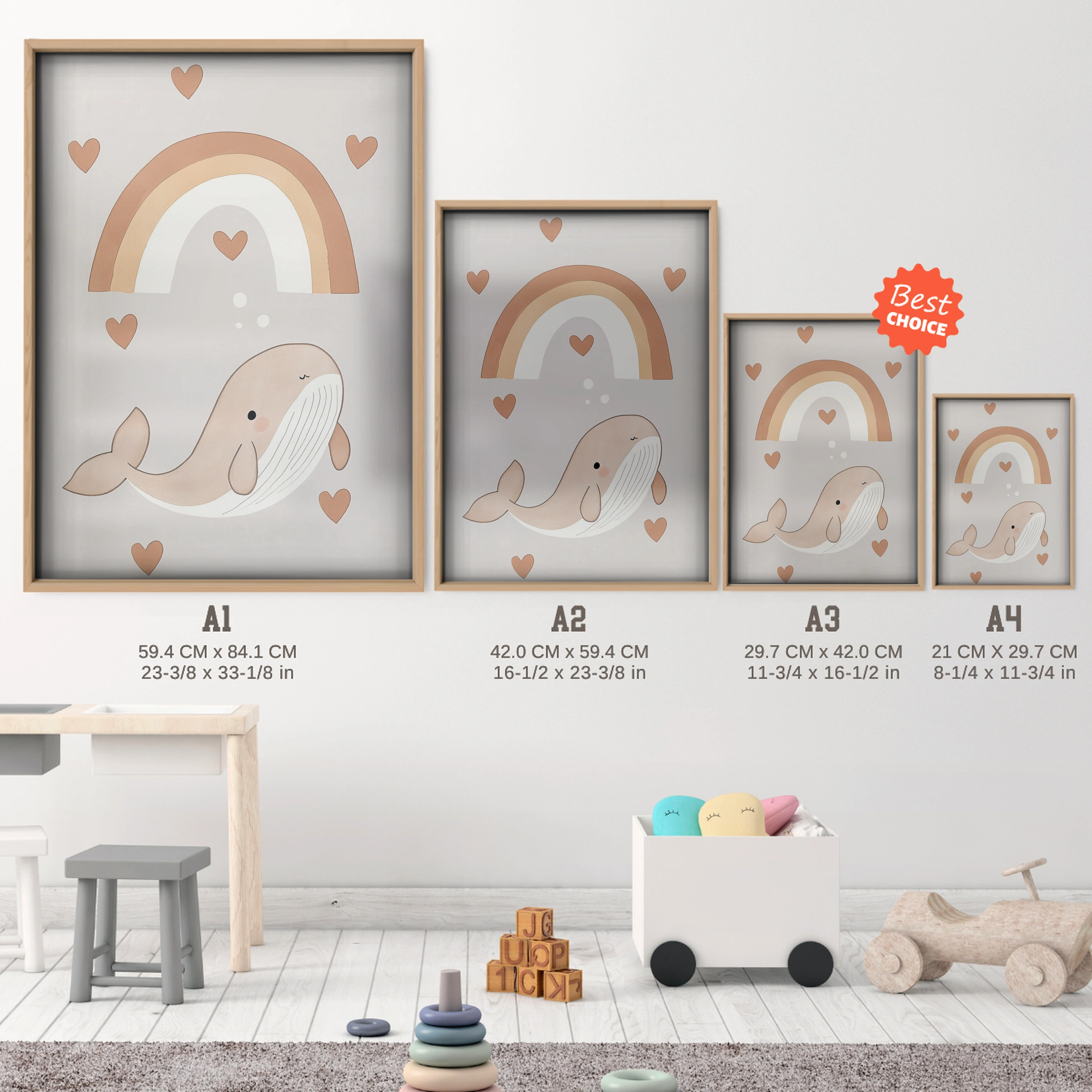 Rainbow Whale Nursery Print - size guide A4 A3 A2 A1 nursery print