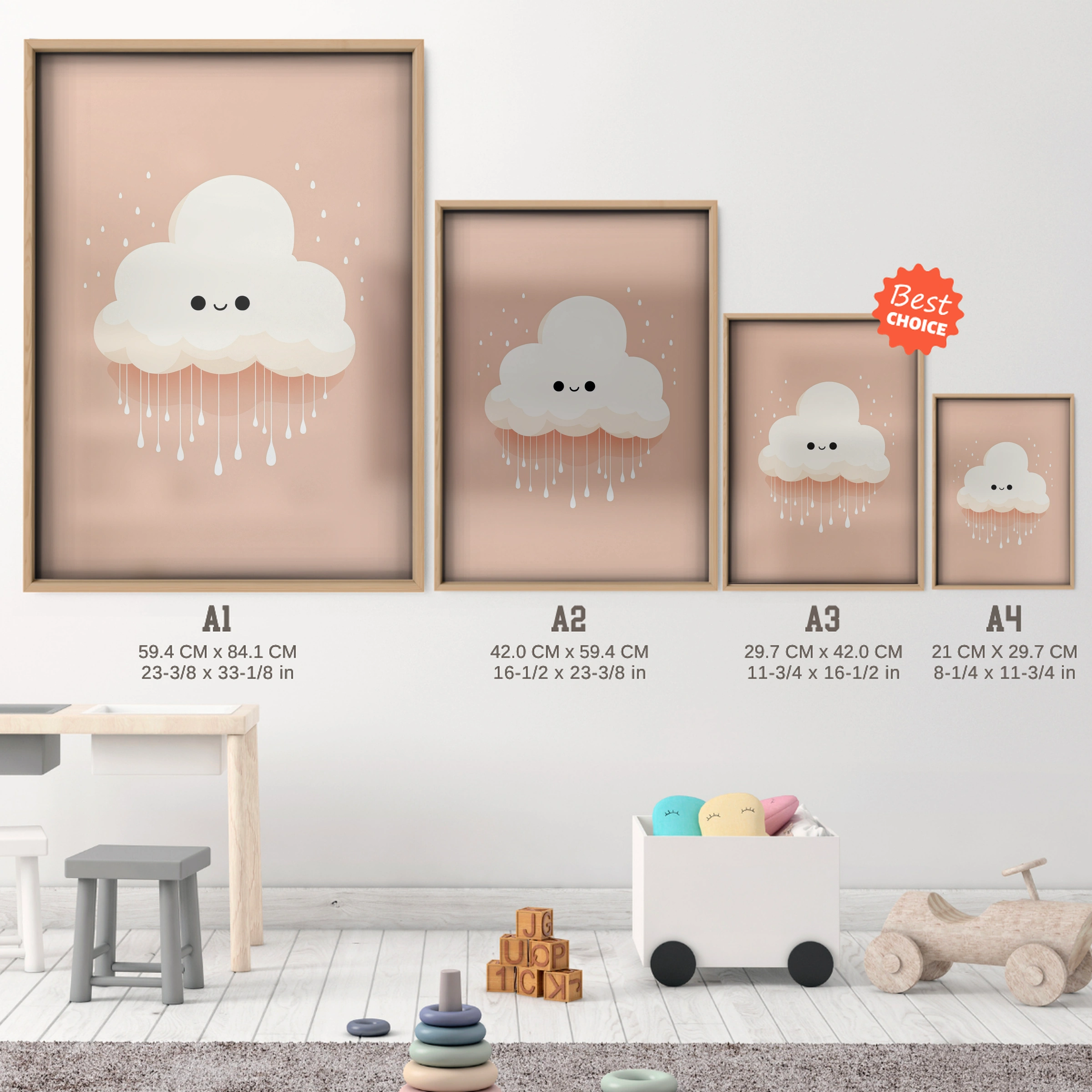 Rainy Cloud Nursery Print - size guide A4 A3 A2 A1 nursery print