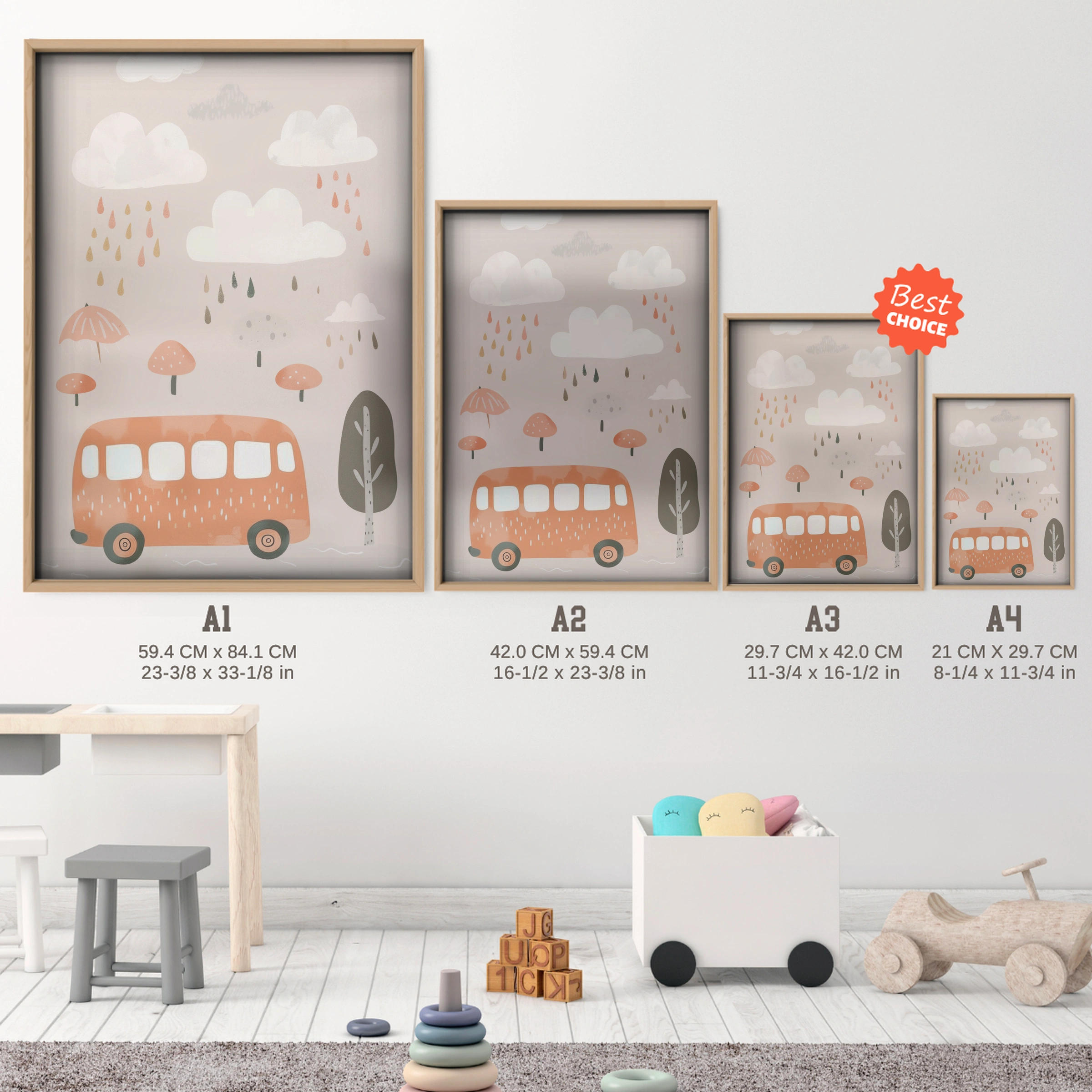 Rainy Day Bus Nursery Print - size guide A4 A3 A2 A1 nursery print