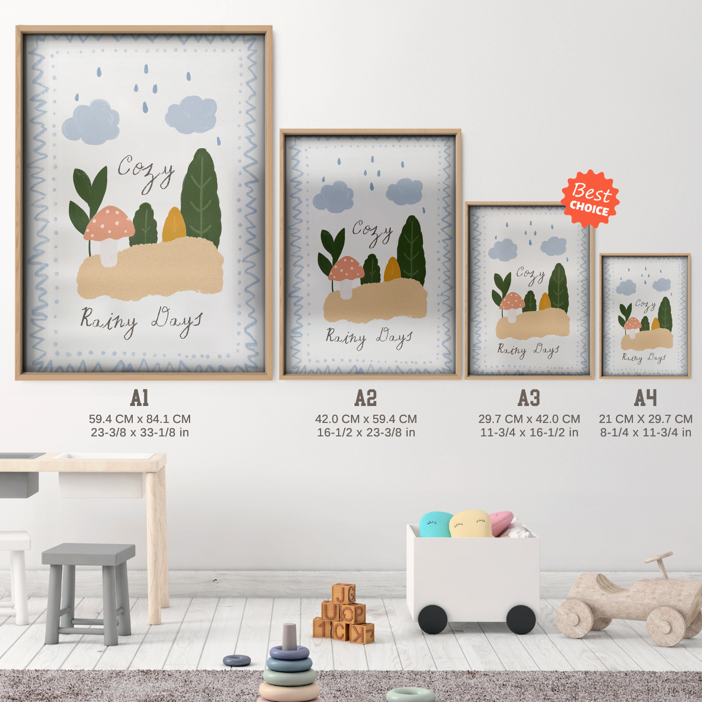Rainy Days Busy Days Nursery Print - size guide A4 A3 A2 A1 nursery print