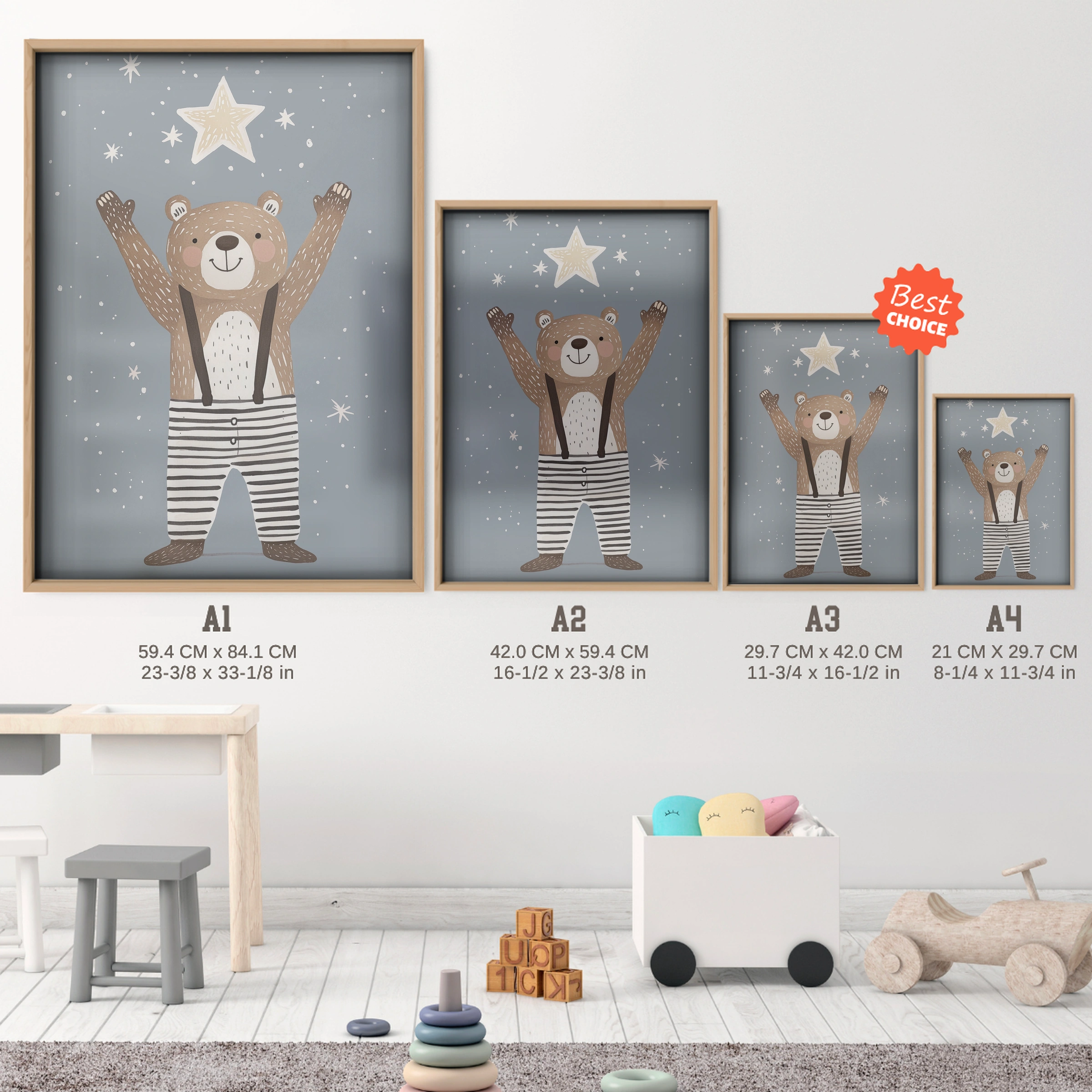 Reach for the Stars Bear Nursery Print - size guide A4 A3 A2 A1 nursery print