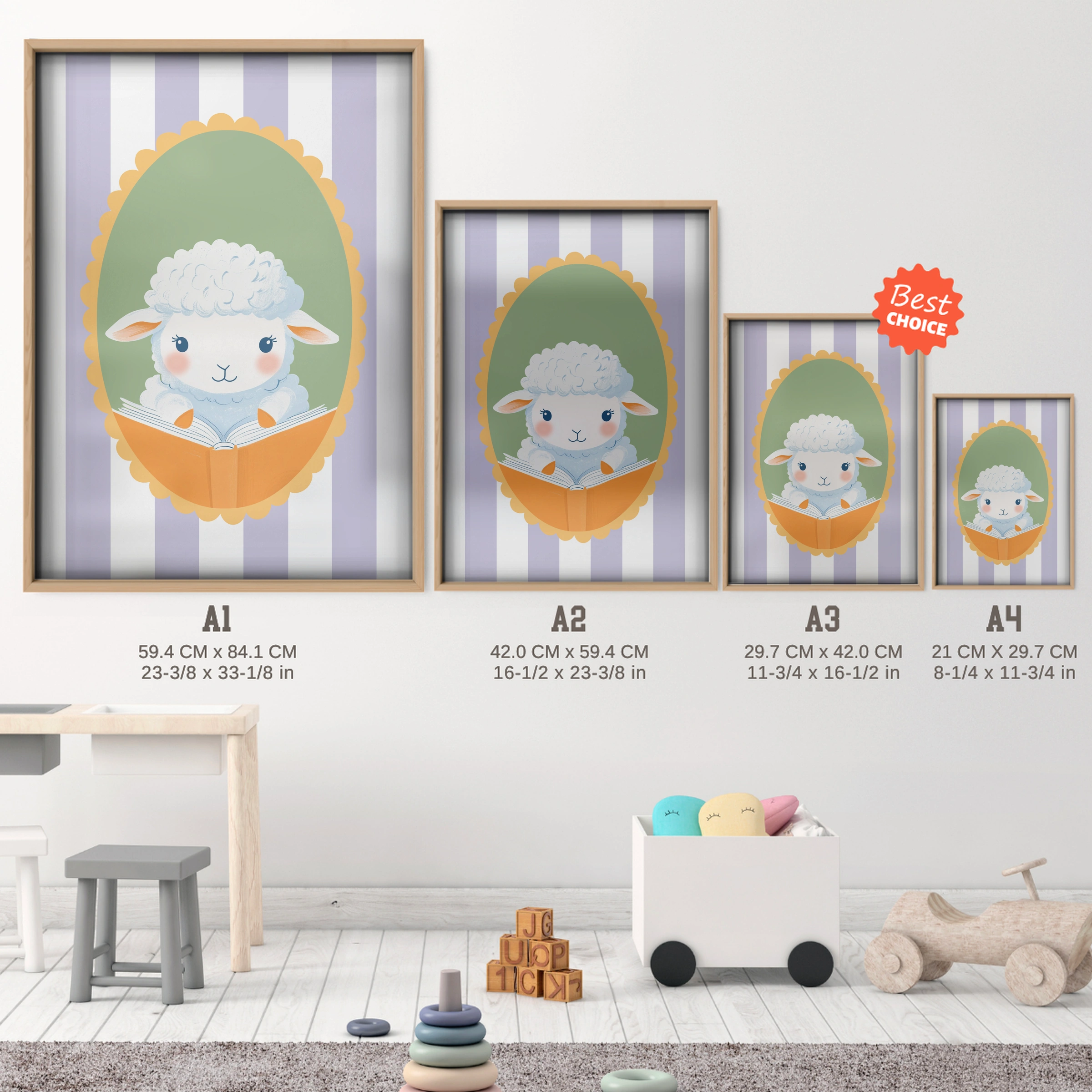 Reading Sheep Nursery Print - size guide A4 A3 A2 A1 nursery print
