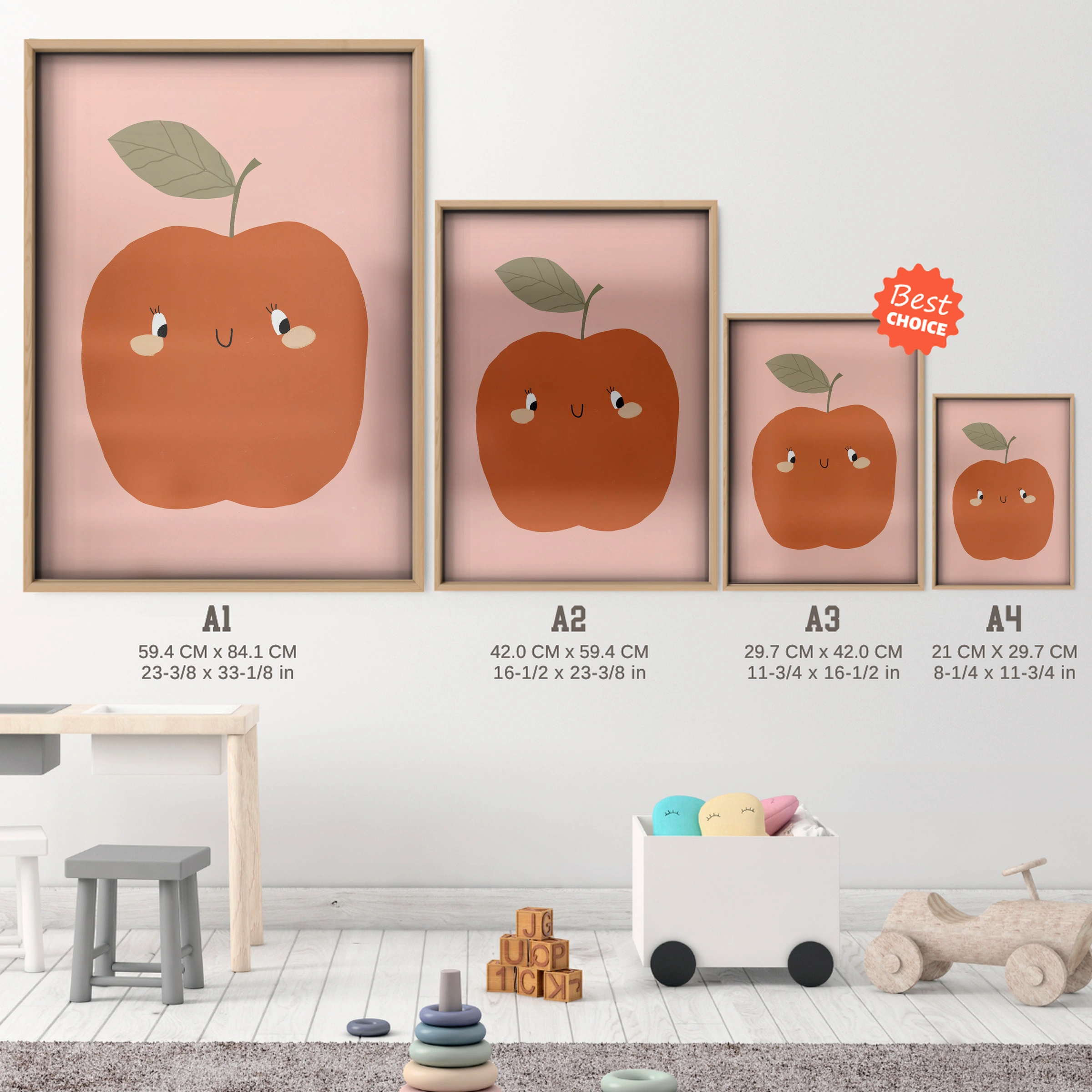 Red Apple Nursery Print - size guide A4 A3 A2 A1 nursery print