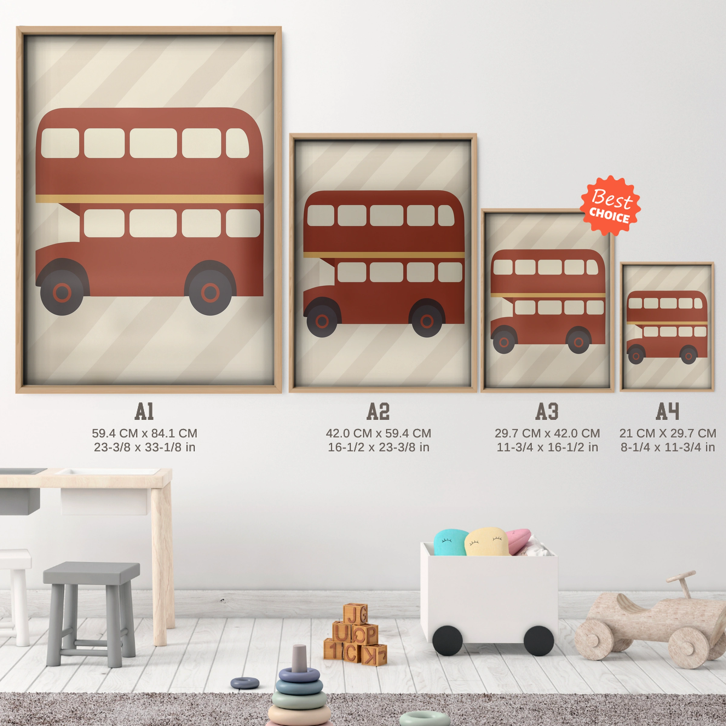 Red Double Decker Bus Nursery Print - size guide A4 A3 A2 A1 nursery print