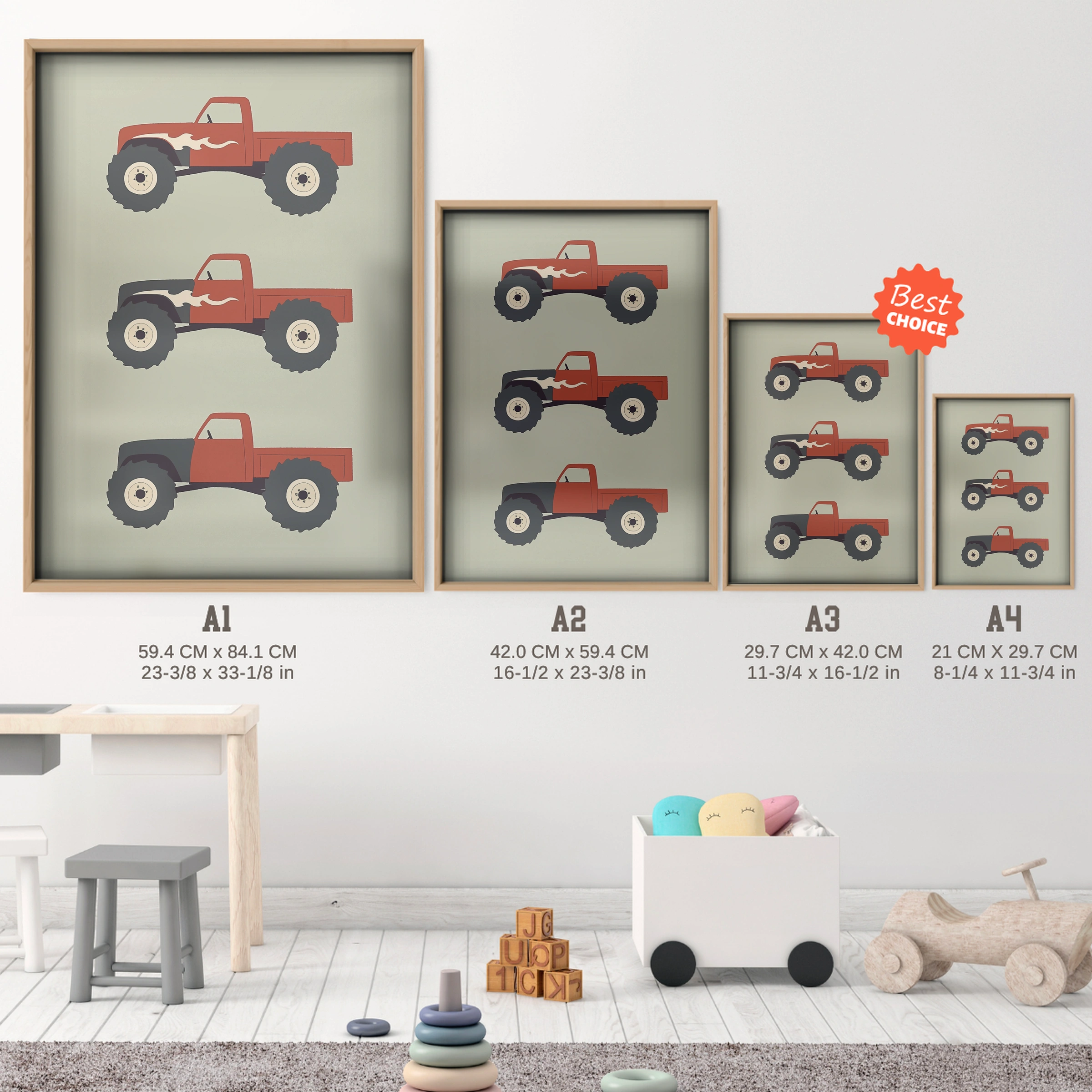Red Monster Trucks Nursery Print - size guide A4 A3 A2 A1 nursery print