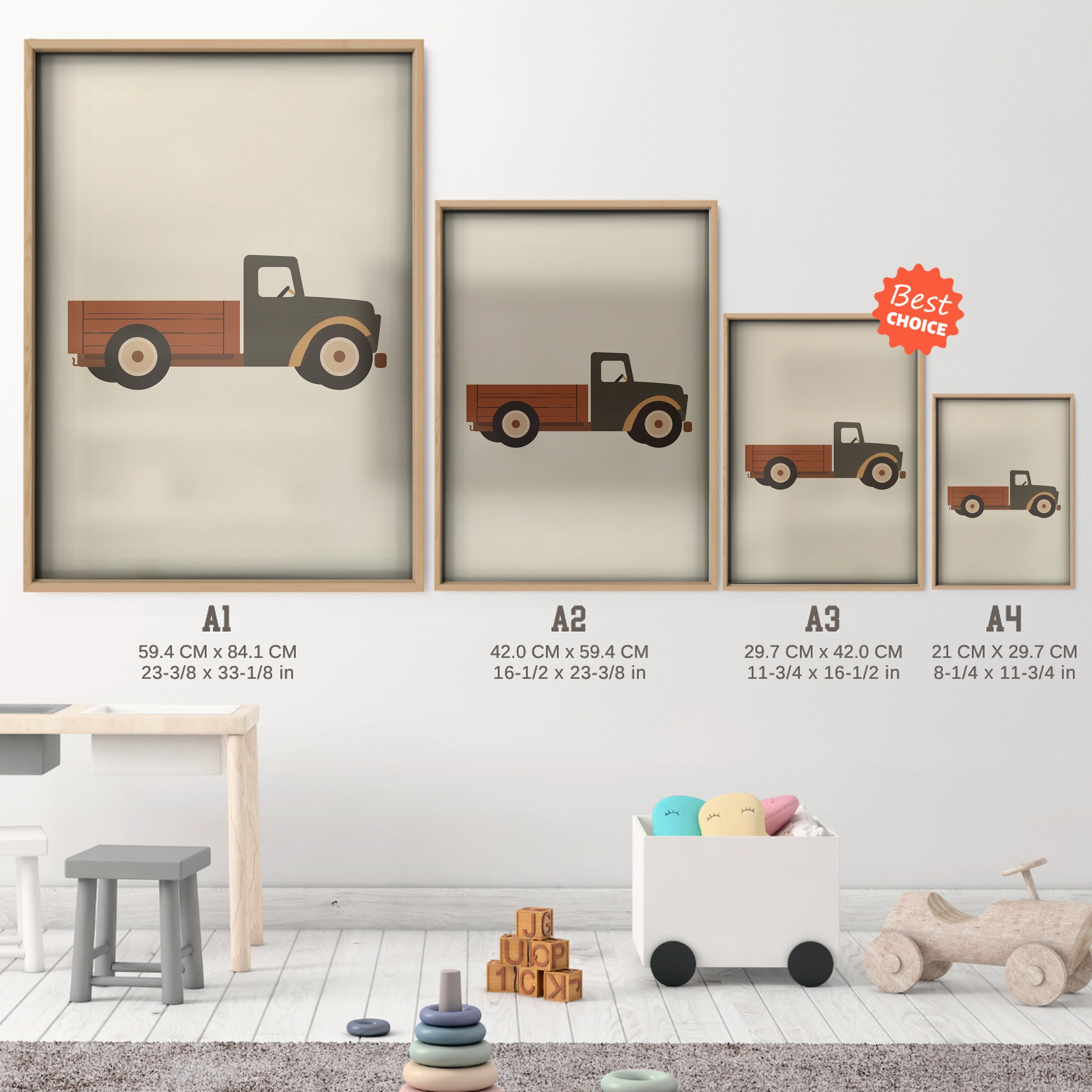 Red Pickup Truck Nursery Print - size guide A4 A3 A2 A1 nursery print