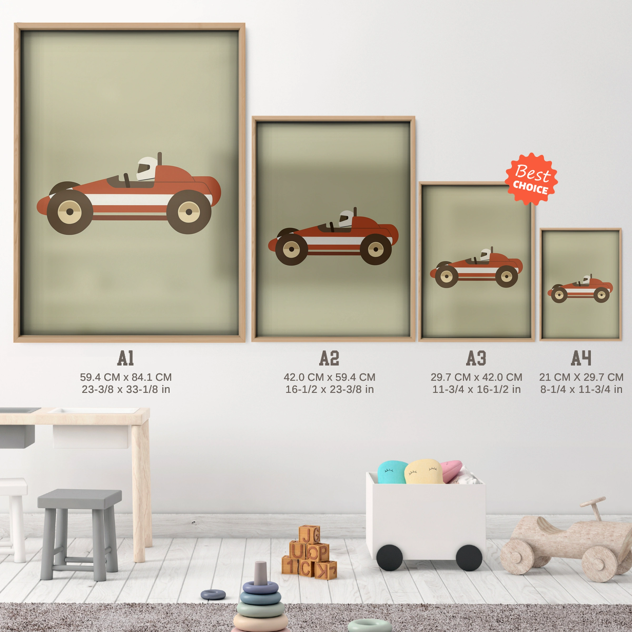 Red Race Car Nursery Print - size guide A4 A3 A2 A1 nursery print