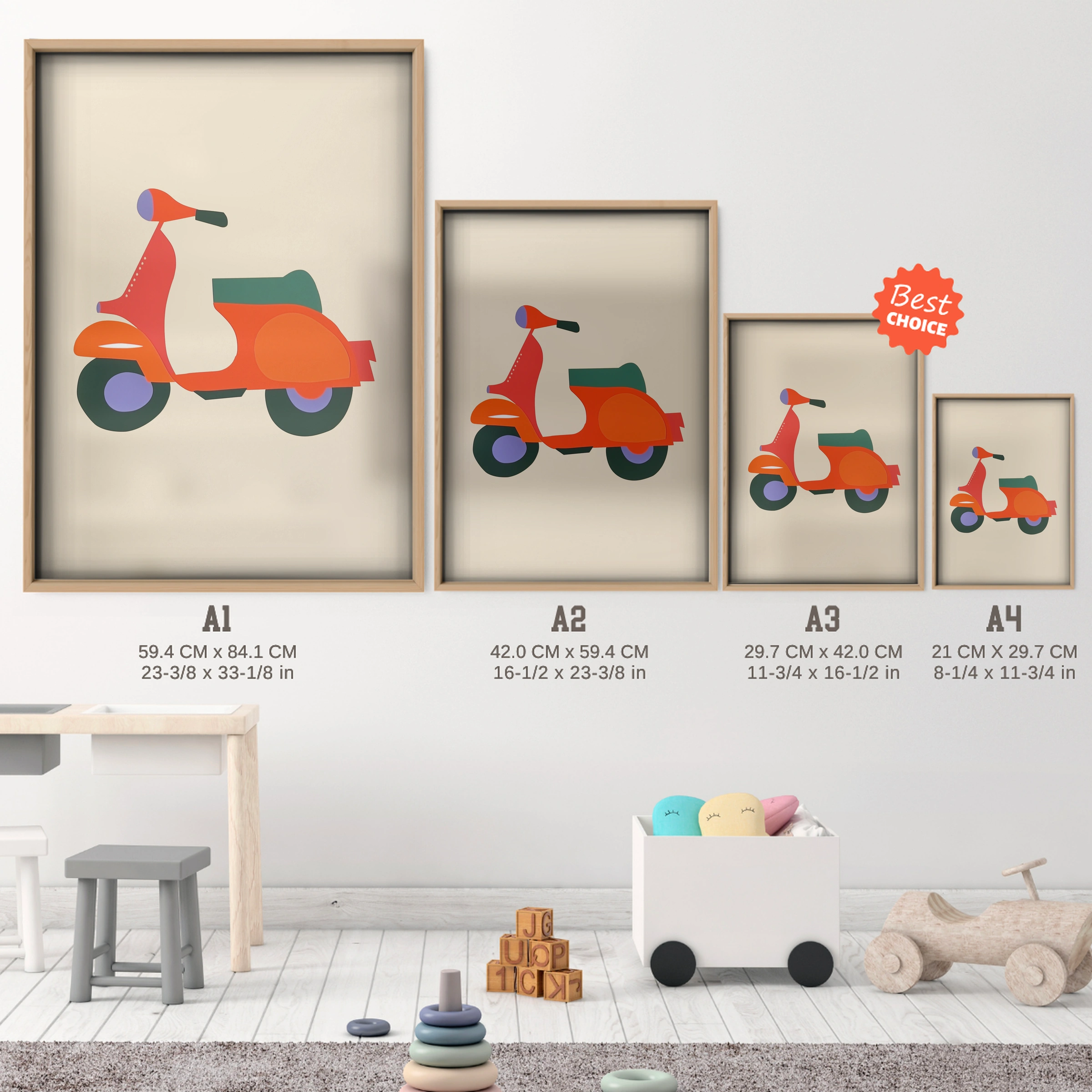 Red Scooter Nursery Print - size guide A4 A3 A2 A1 nursery print