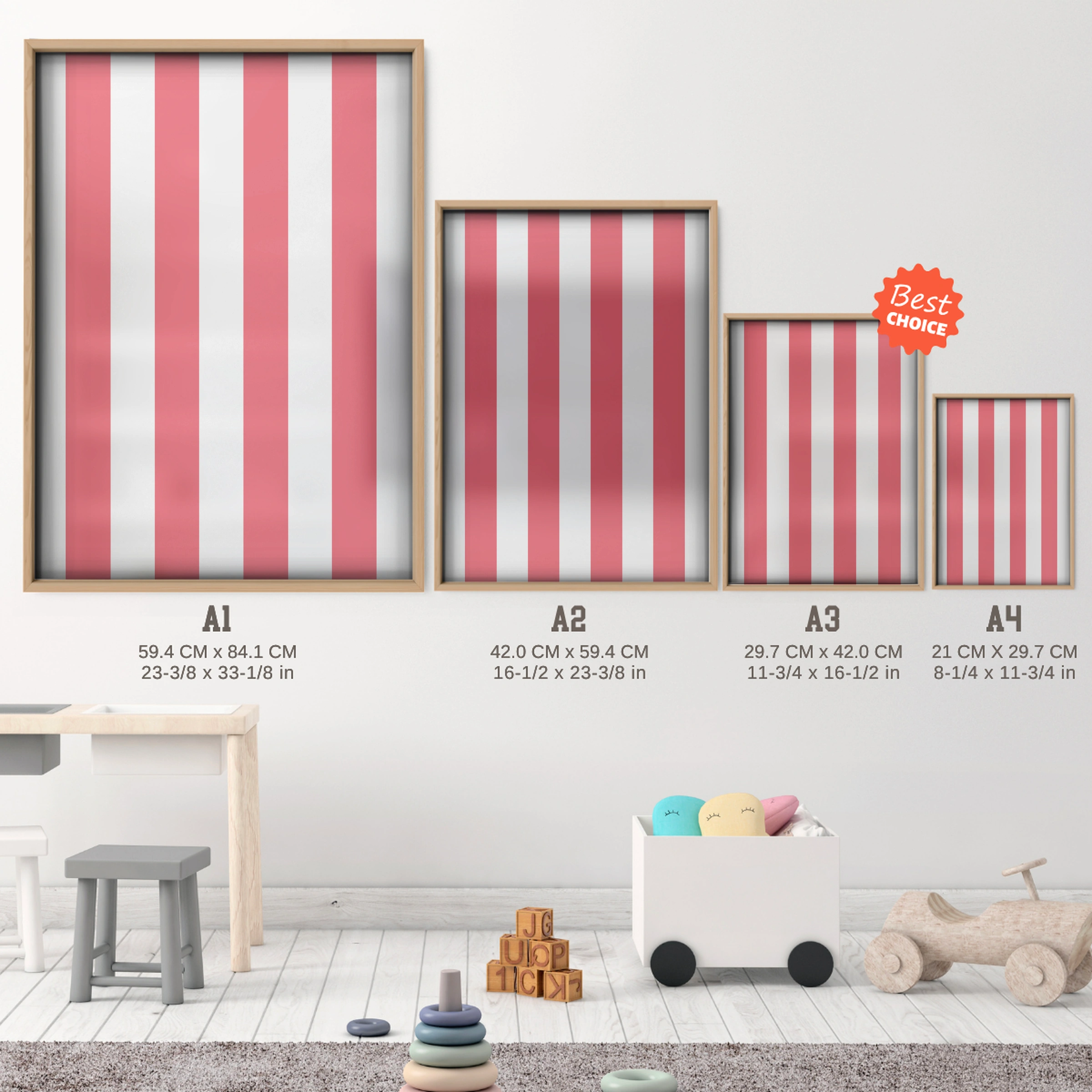 Red Stripes Nursery Print - size guide A4 A3 A2 A1 nursery print