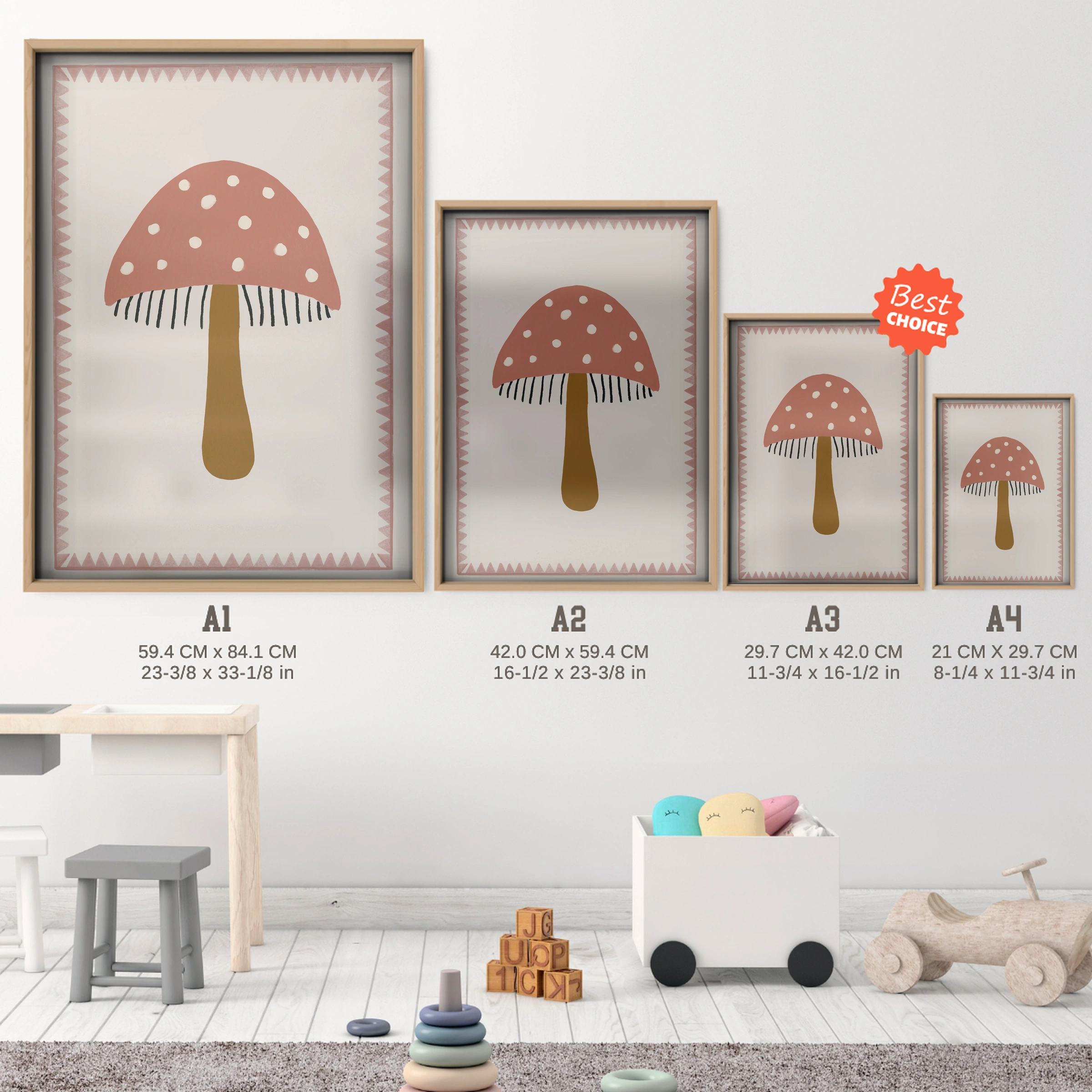 Red Toadstool Nursery Print - size guide A4 A3 A2 A1 nursery print