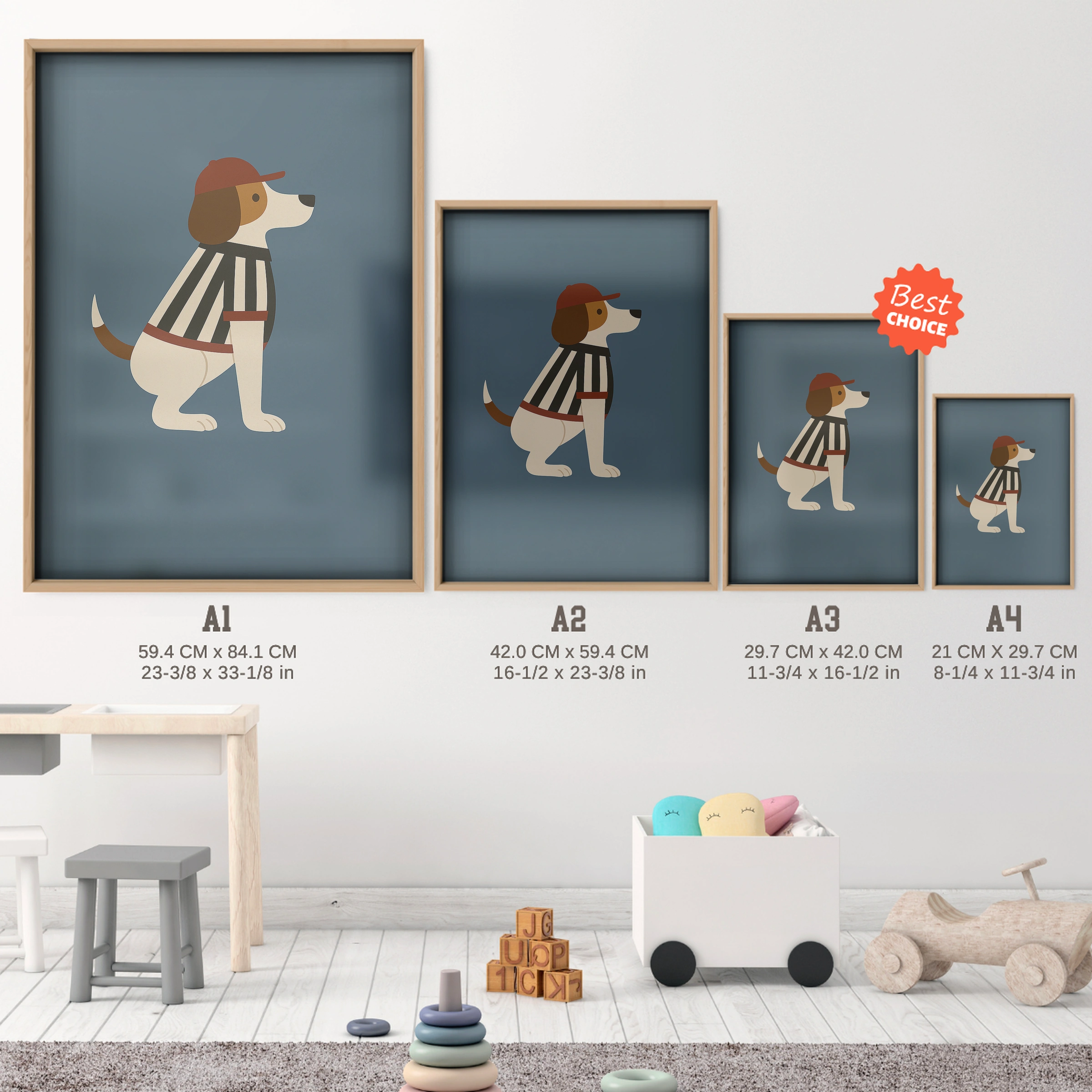 Referee Dog Nursery Print - size guide A4 A3 A2 A1 nursery print