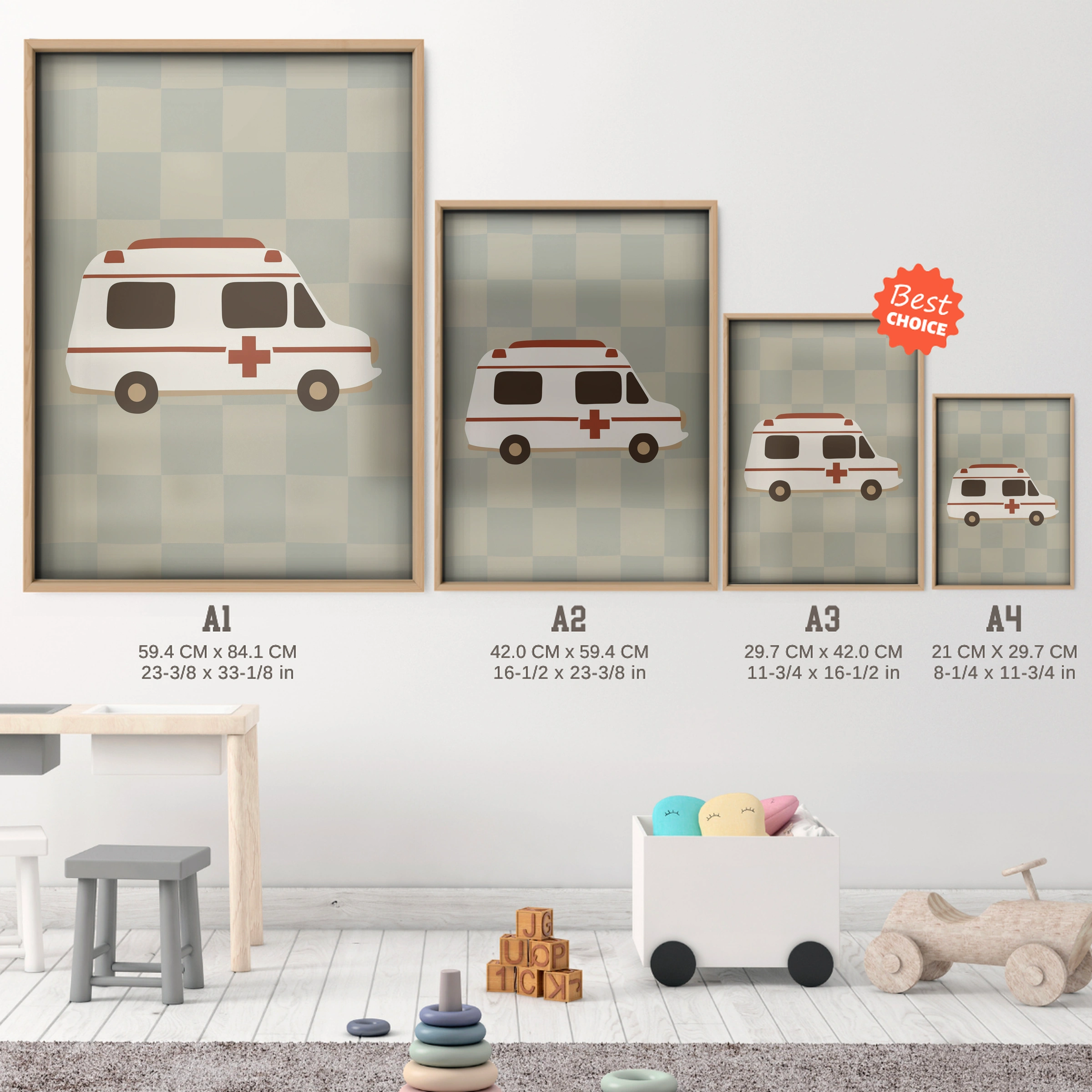 Rescue Ambulance Nursery Print - size guide A4 A3 A2 A1 nursery print