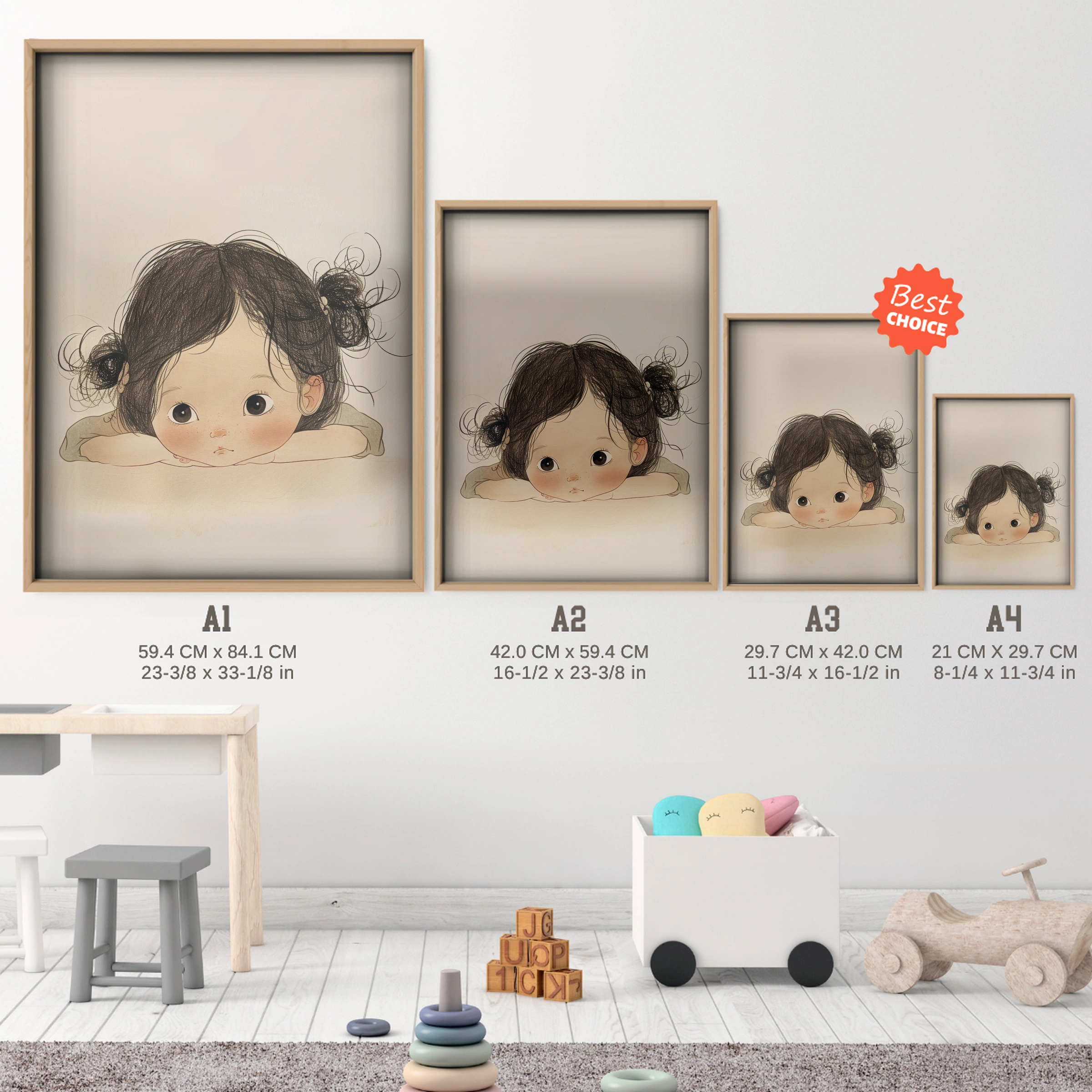 Resting Girl Nursery Print - size guide A4 A3 A2 A1 nursery print