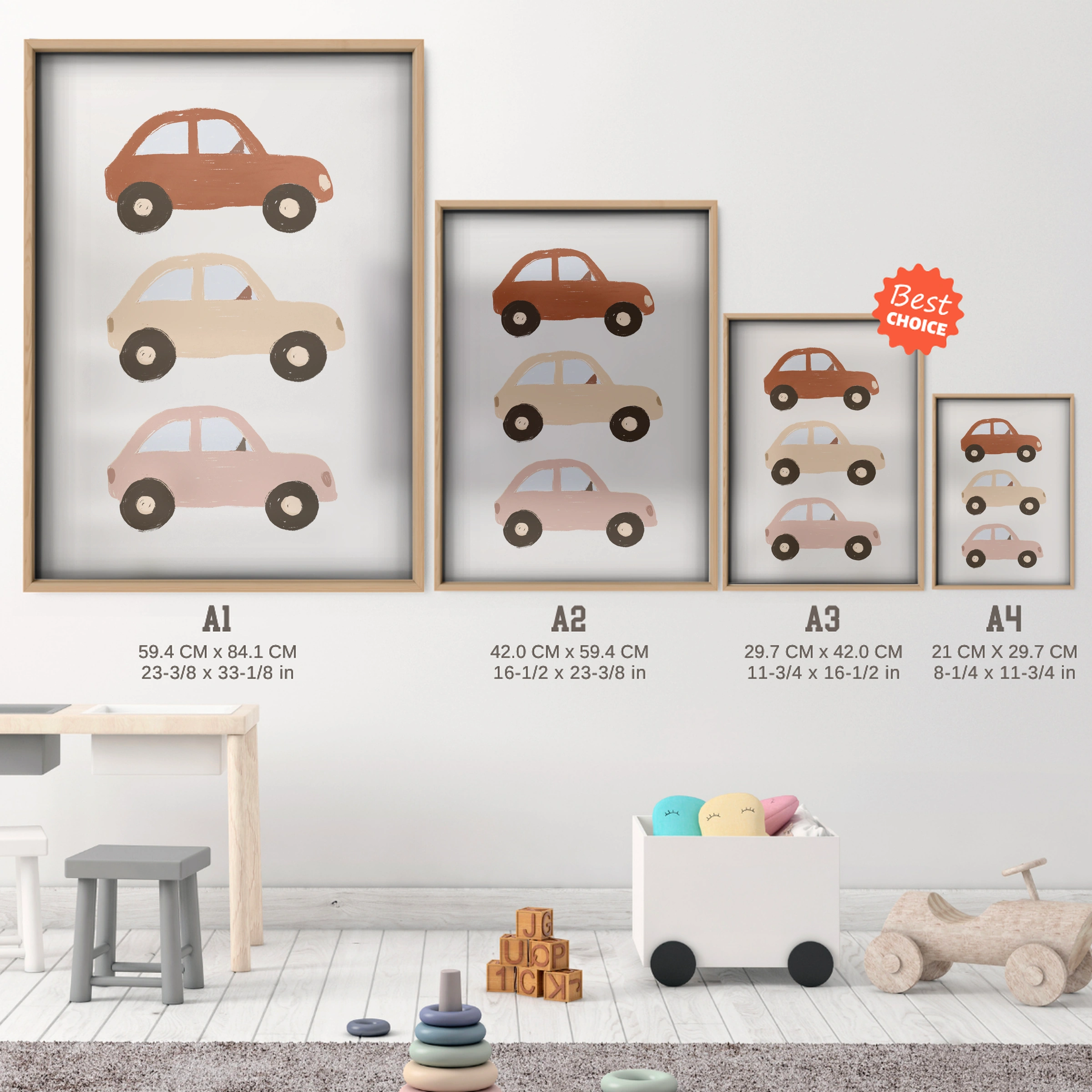 Retro Cars Nursery Print - size guide A4 A3 A2 A1 nursery print