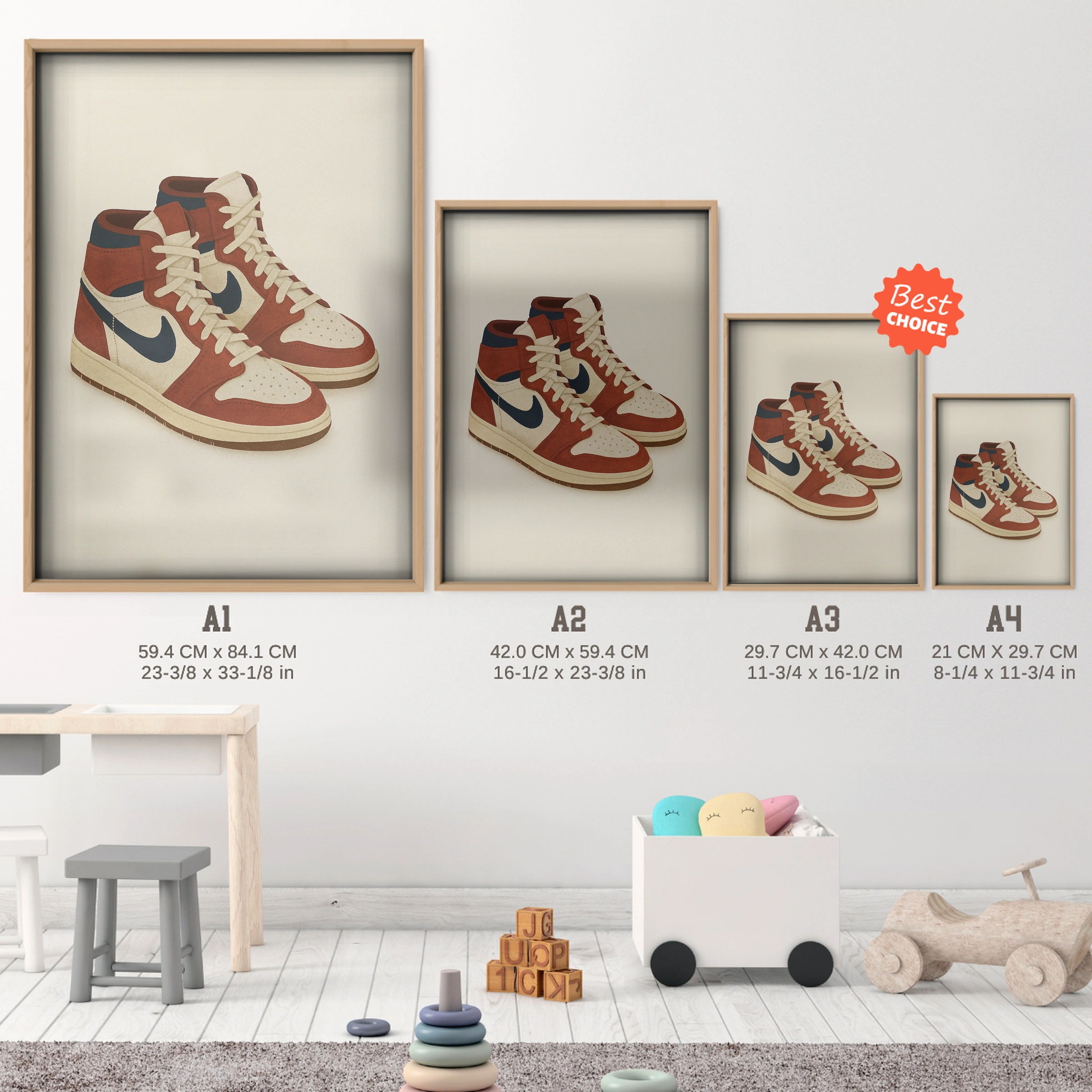Retro High Tops Nursery Print - size guide A4 A3 A2 A1 nursery print