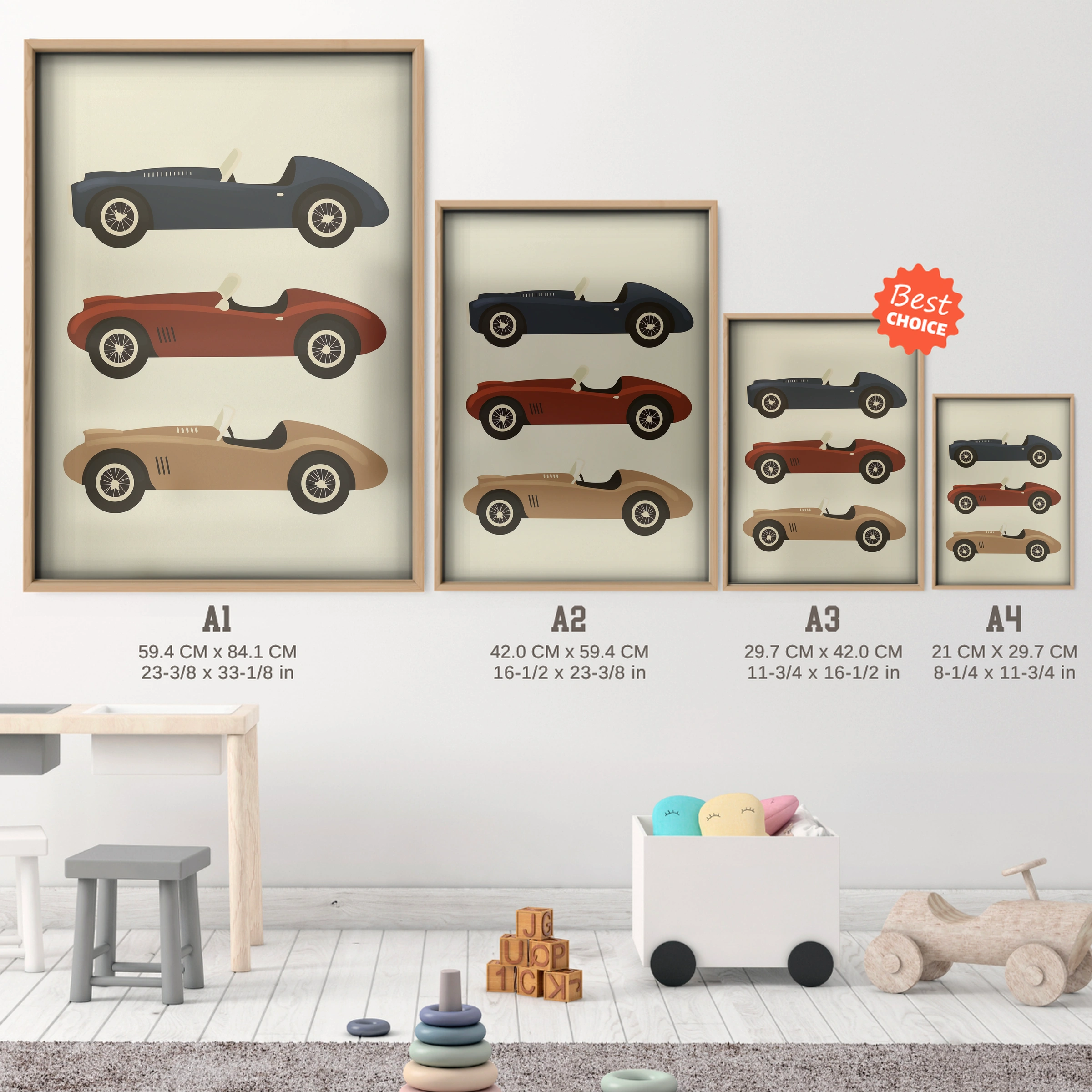Retro Race Cars Nursery Print - size guide A4 A3 A2 A1 nursery print