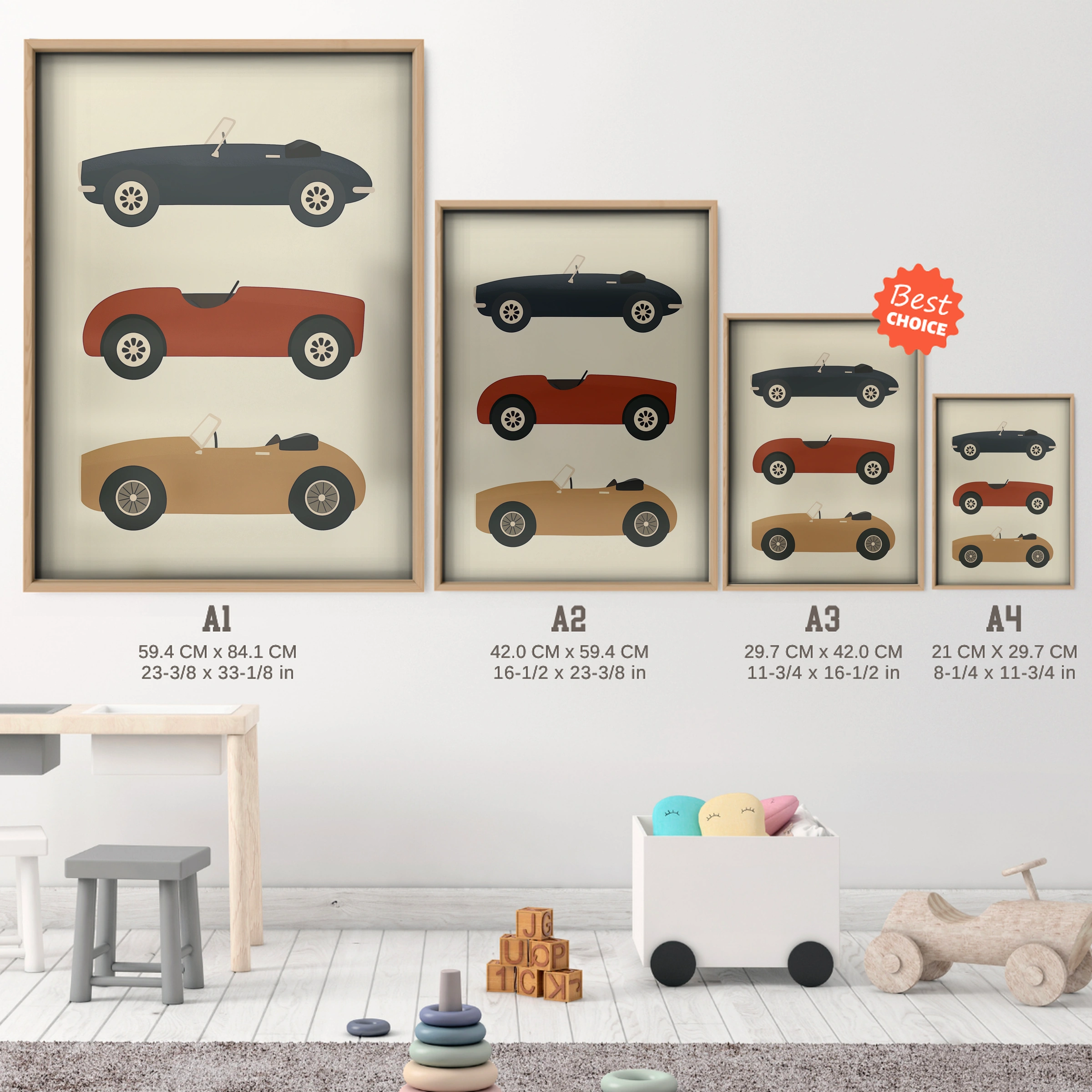Retro Roadsters Nursery Print - size guide A4 A3 A2 A1 nursery print