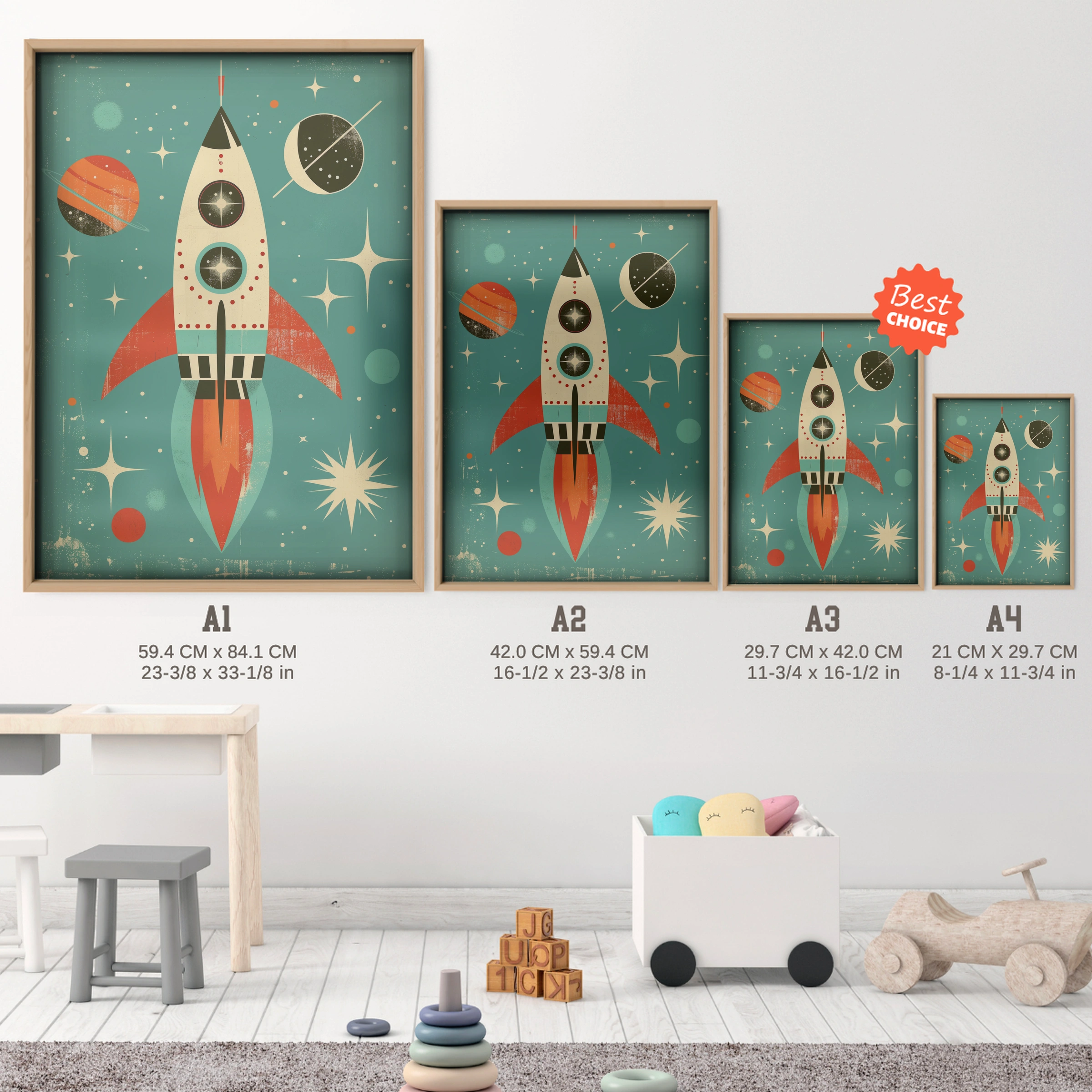 Retro Rocket Nursery Print - size guide A4 A3 A2 A1 nursery print