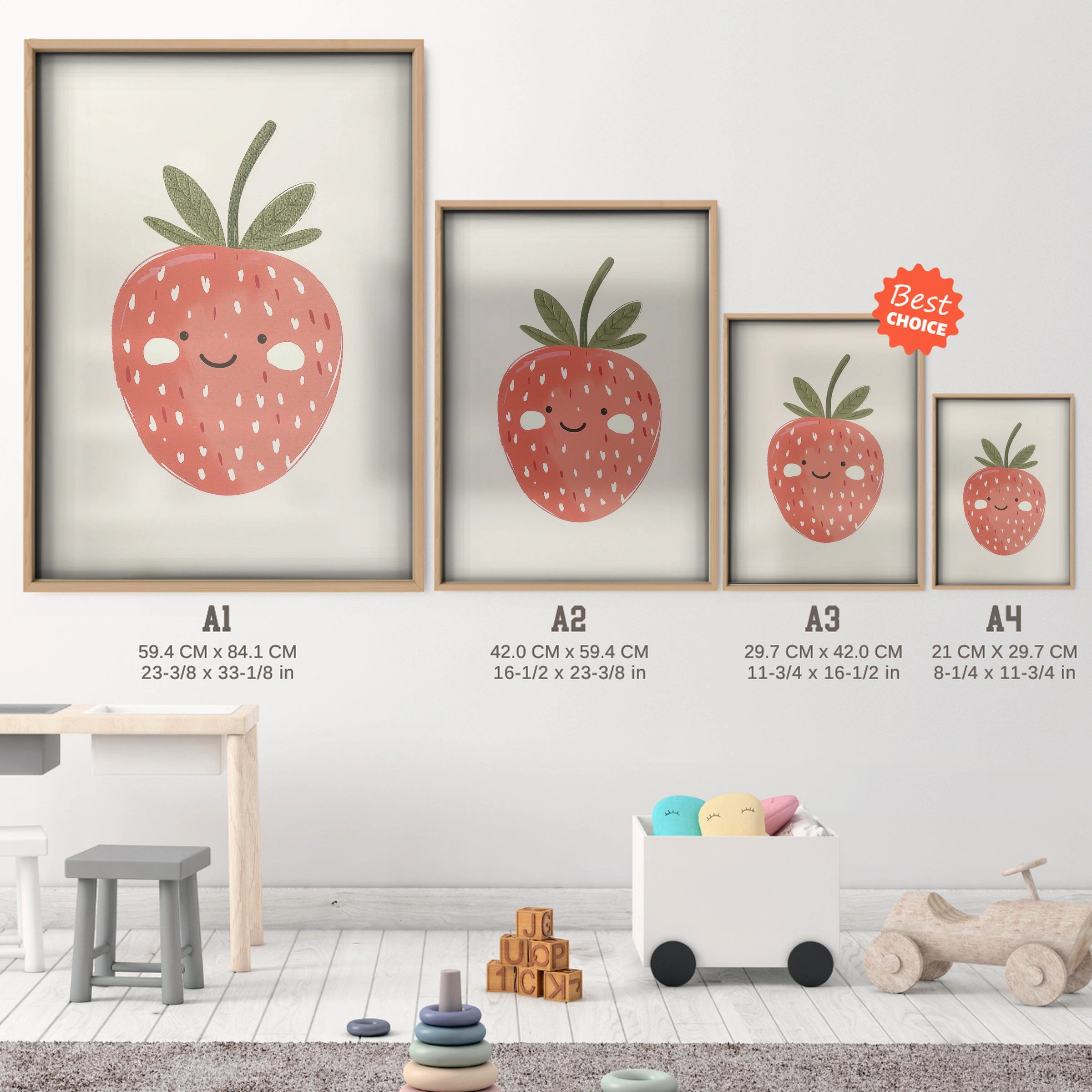 Ripe Strawberry Nursery Print - size guide A4 A3 A2 A1 nursery print