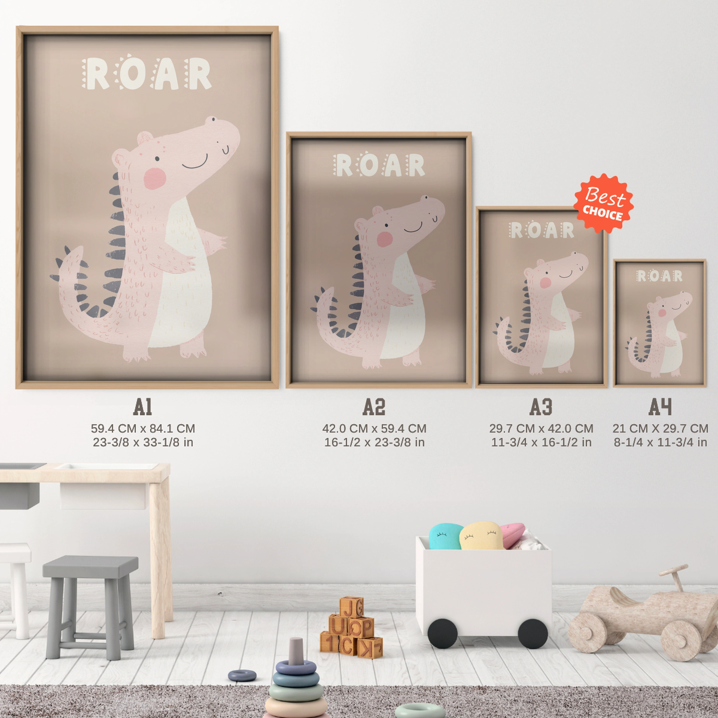 Roar Crocodile Nursery Print - size guide A4 A3 A2 A1 nursery print