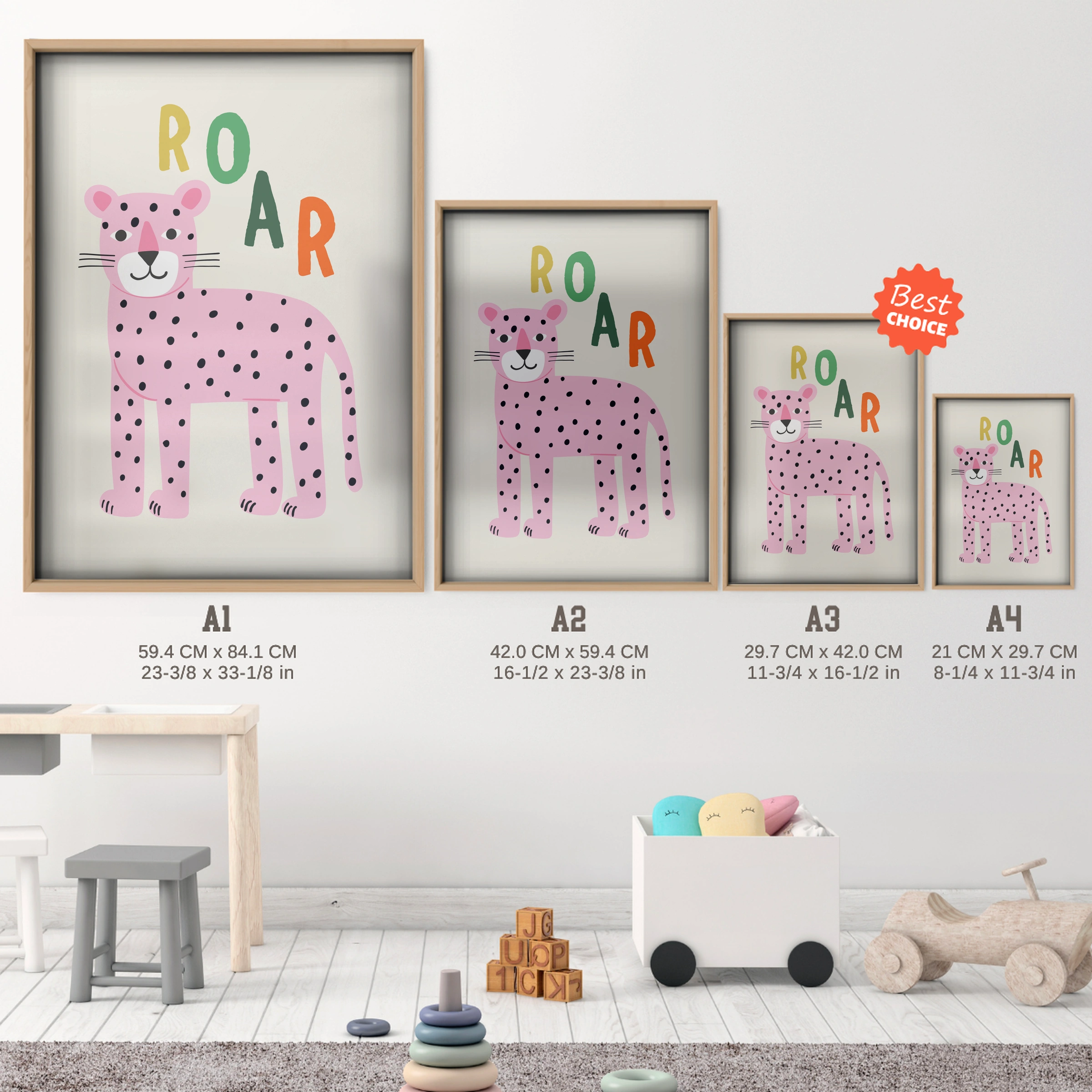 Roar Leopard Nursery Print - size guide A4 A3 A2 A1 nursery print