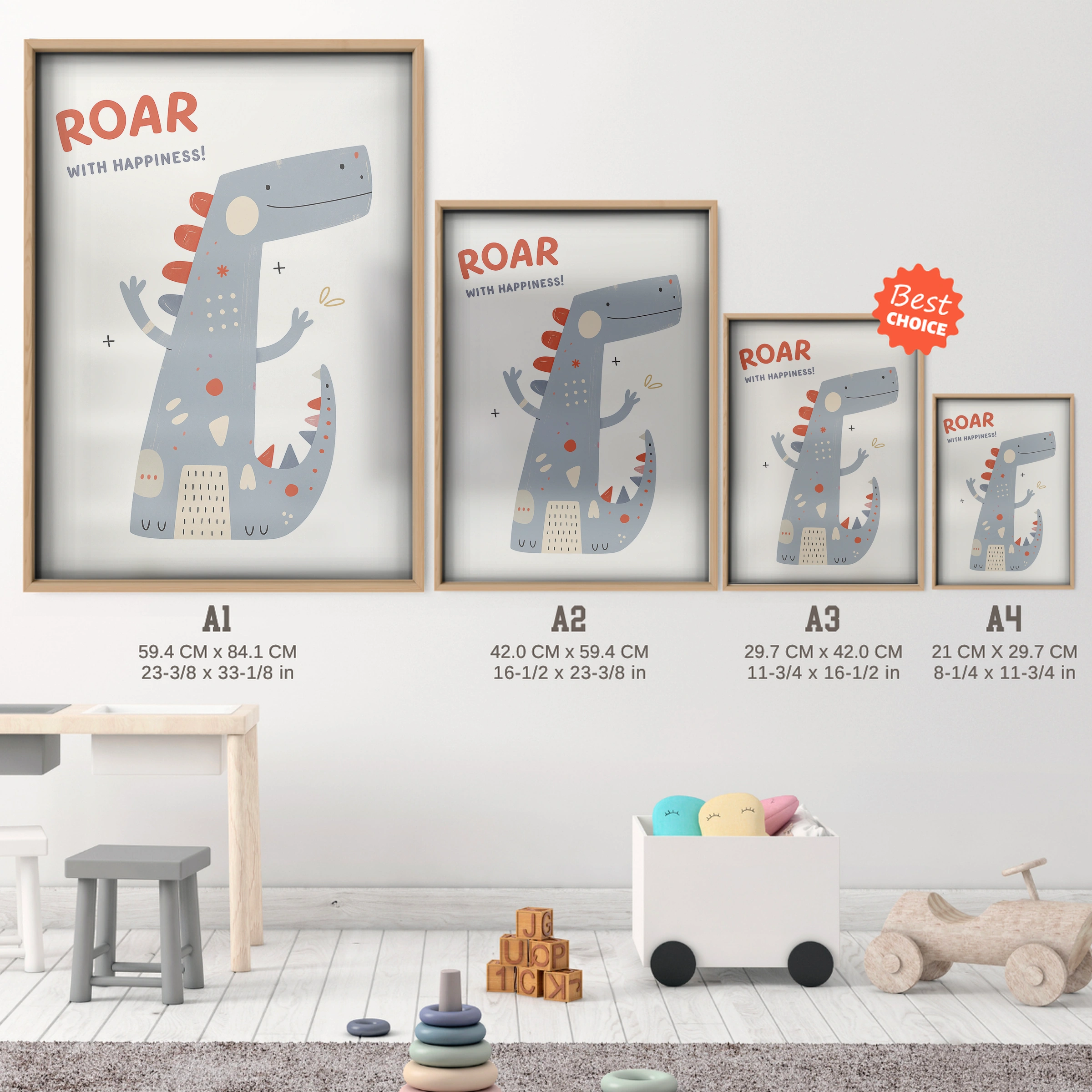 Roar with Happiness Nursery Print - size guide A4 A3 A2 A1 nursery print