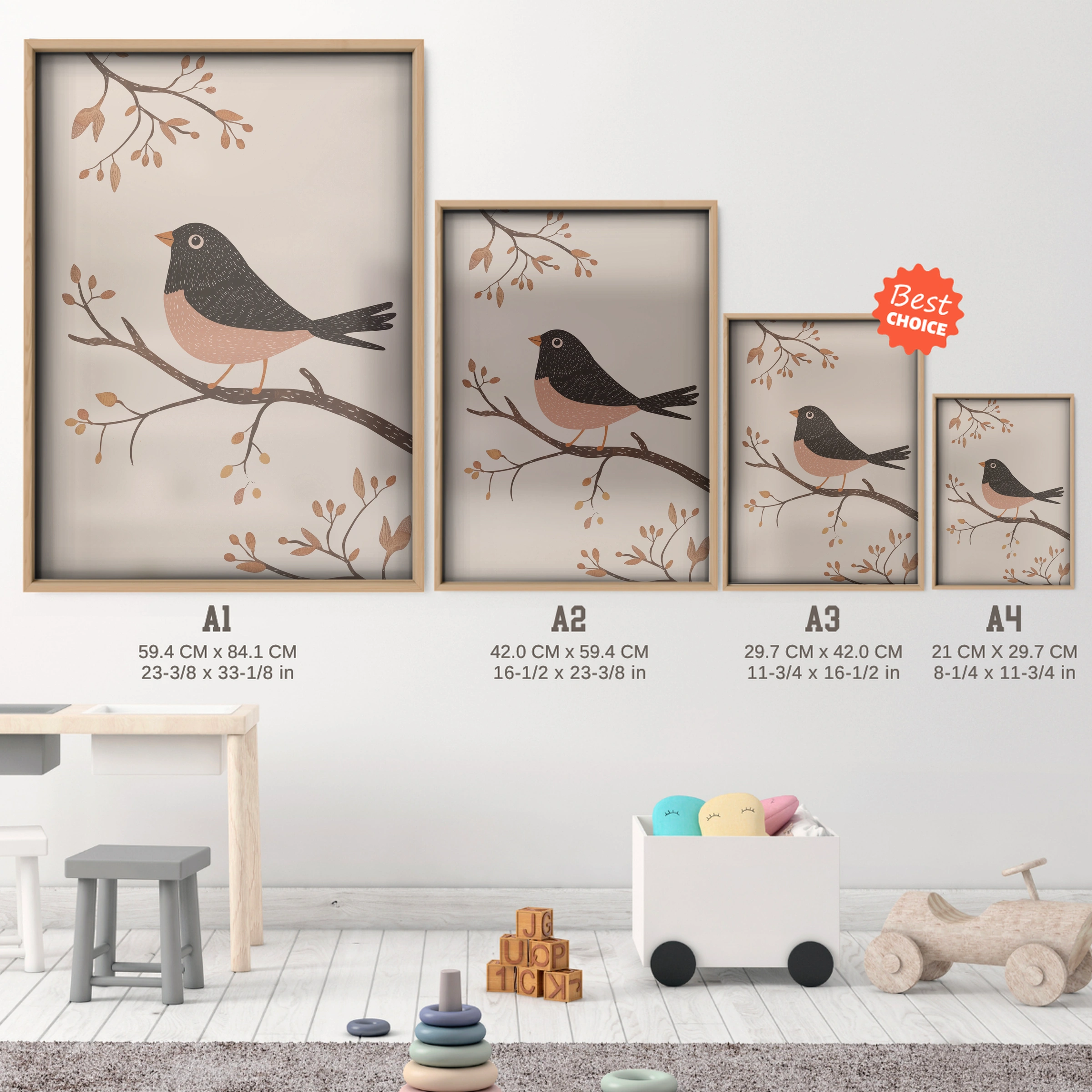 Robin on a Branch Nursery Print - size guide A4 A3 A2 A1 nursery print