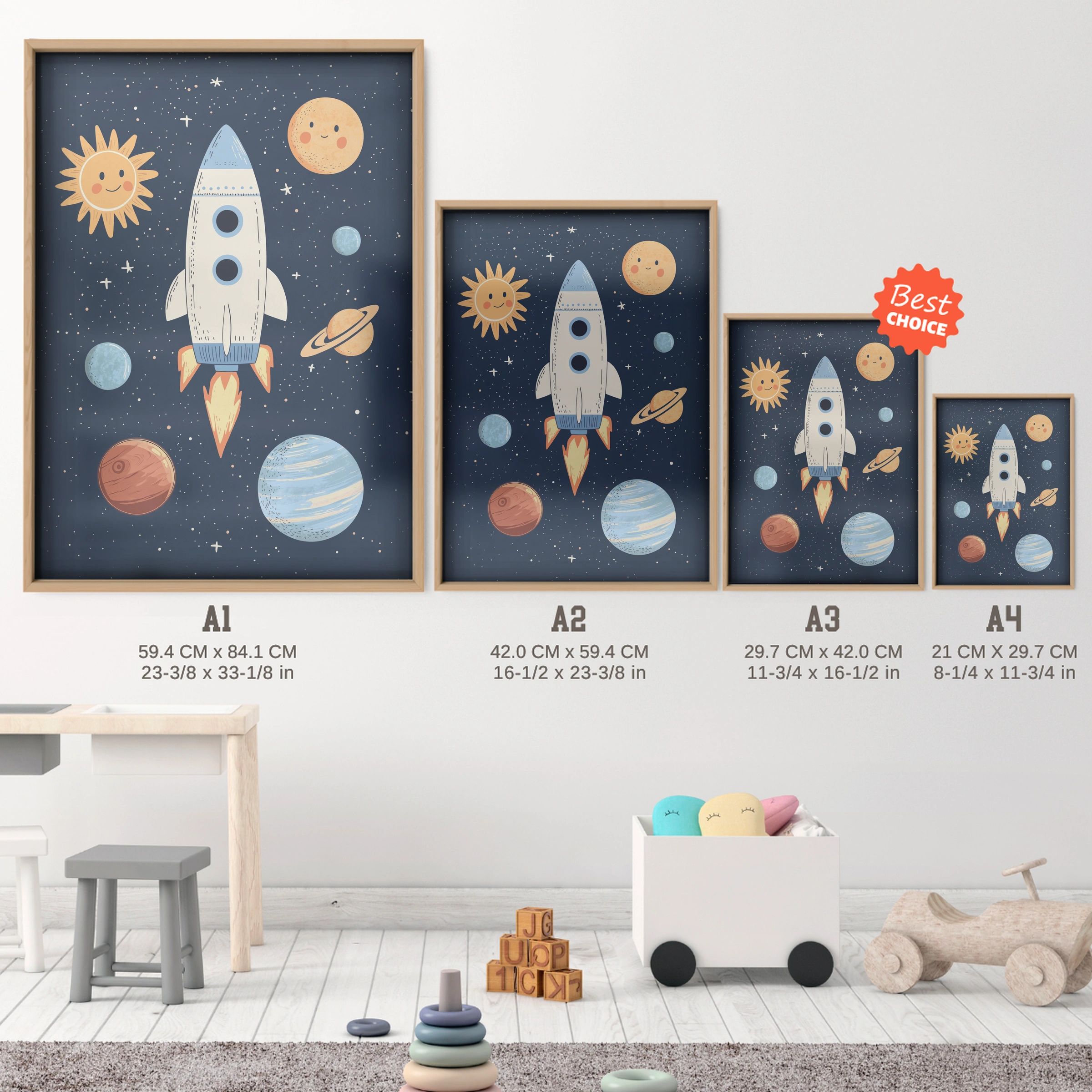 Rocket and Planets Nursery Print - size guide A4 A3 A2 A1 nursery print