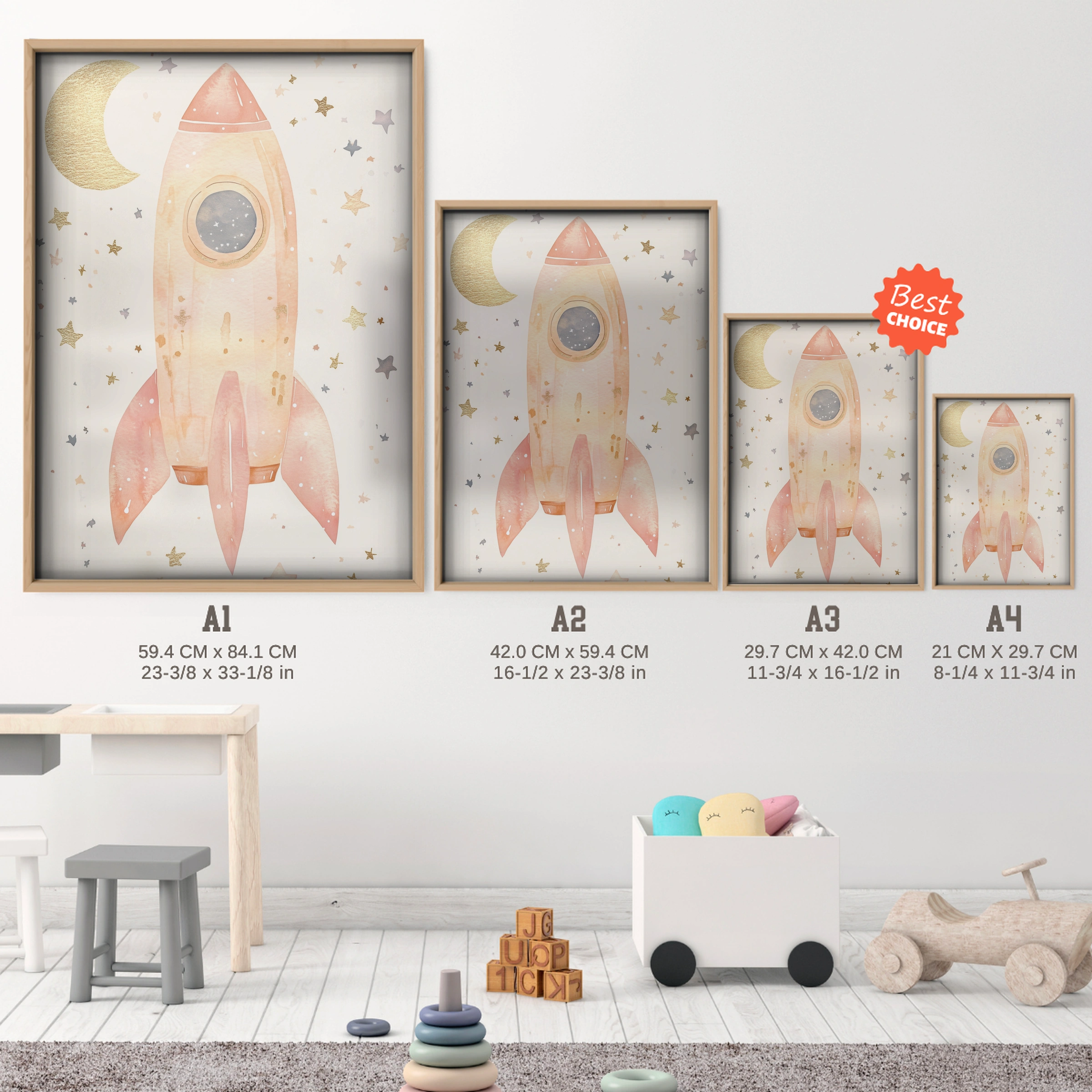Rocket and Stars Nursery Print - size guide A4 A3 A2 A1 nursery print