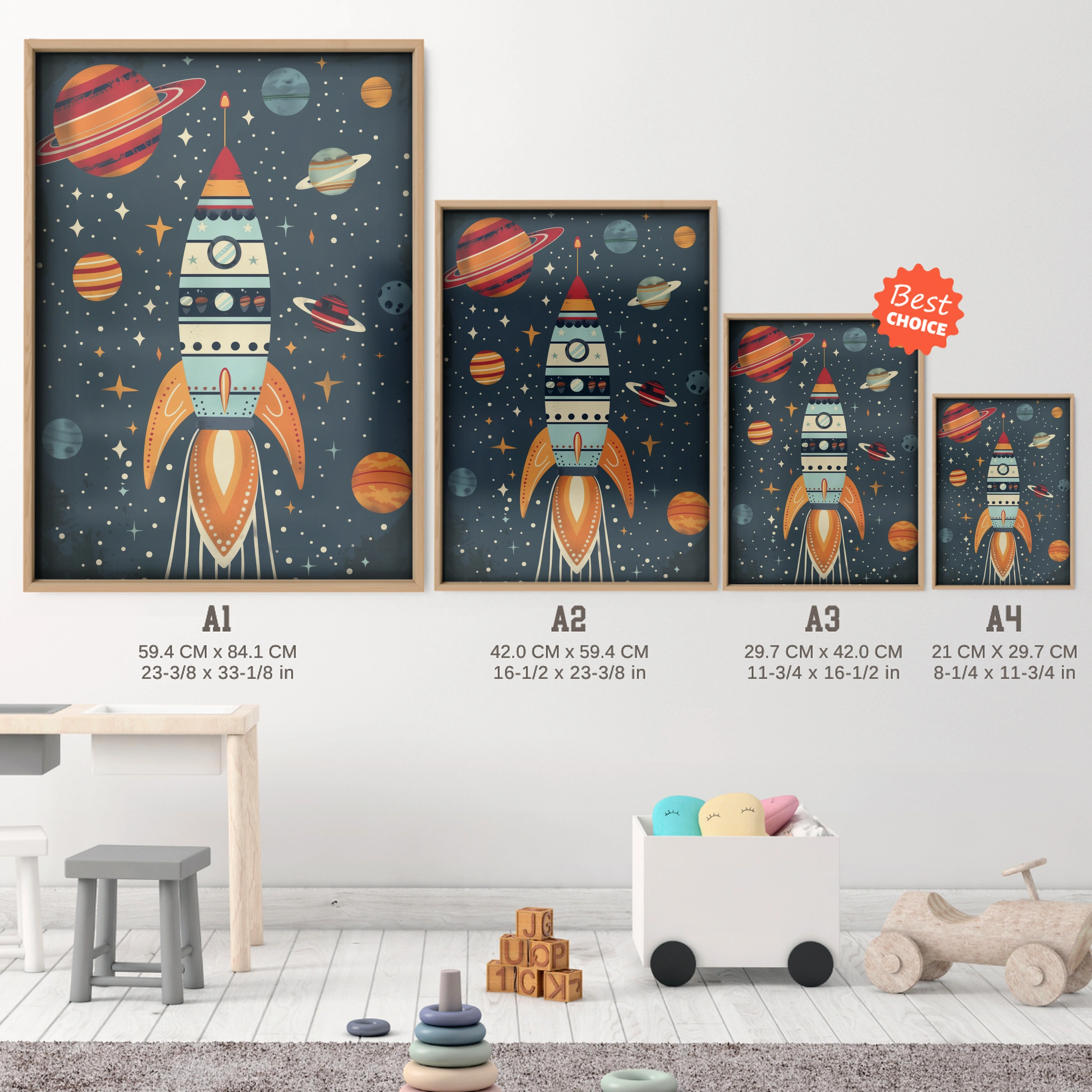 Rocket in Space Nursery Print - size guide A4 A3 A2 A1 nursery print