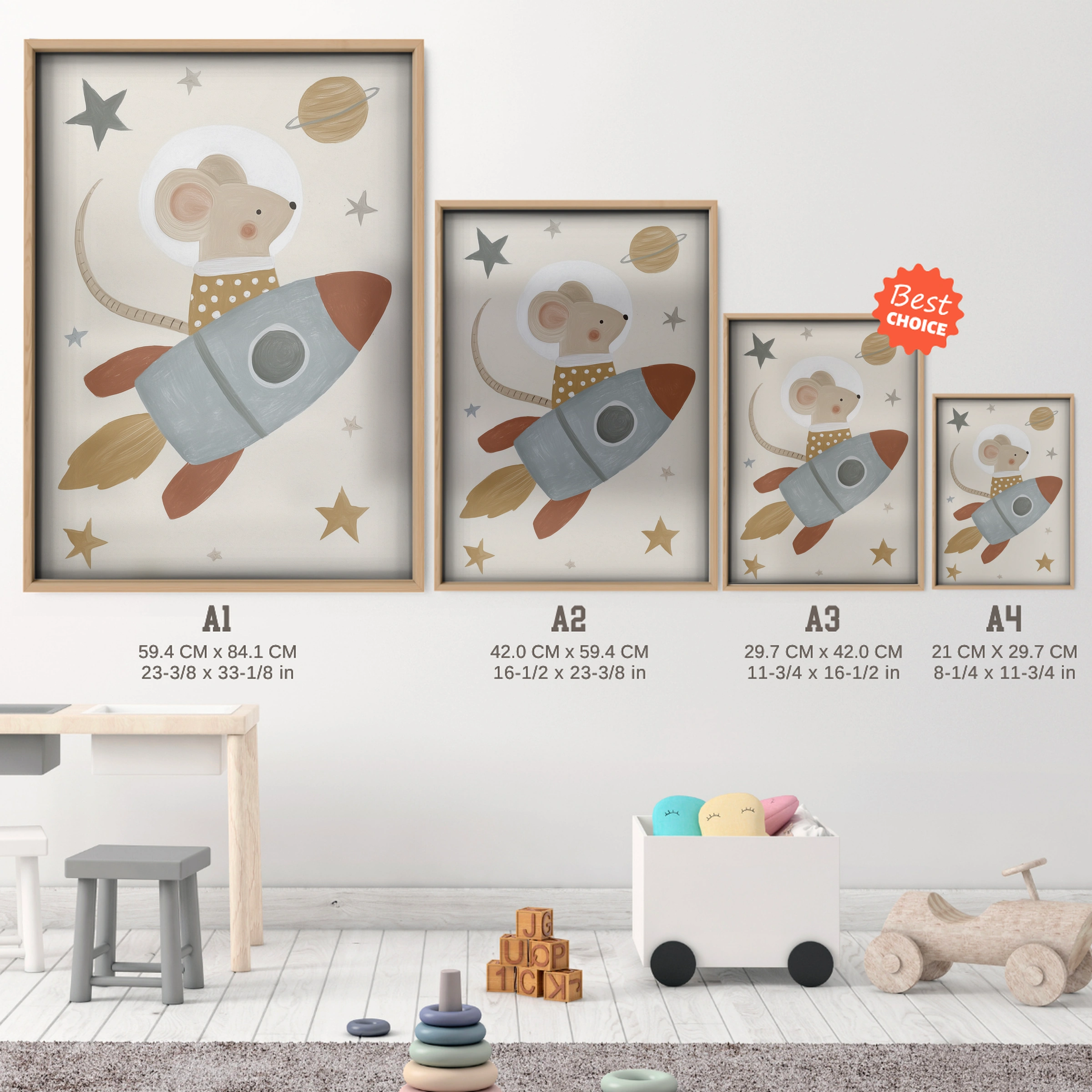 Rocket Mouse Nursery Print - size guide A4 A3 A2 A1 nursery print