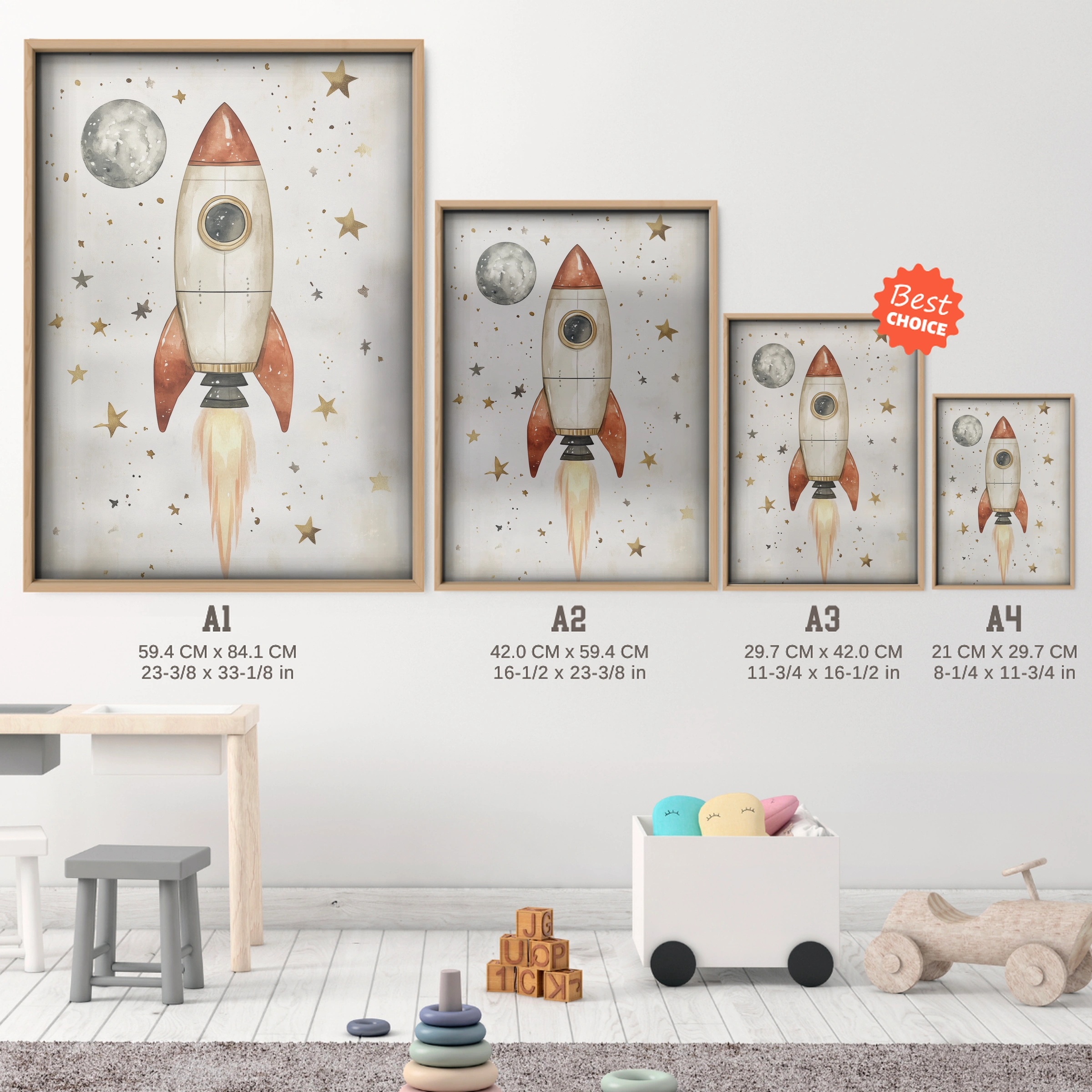 Rocket to the Moon Nursery Print - size guide A4 A3 A2 A1 nursery print