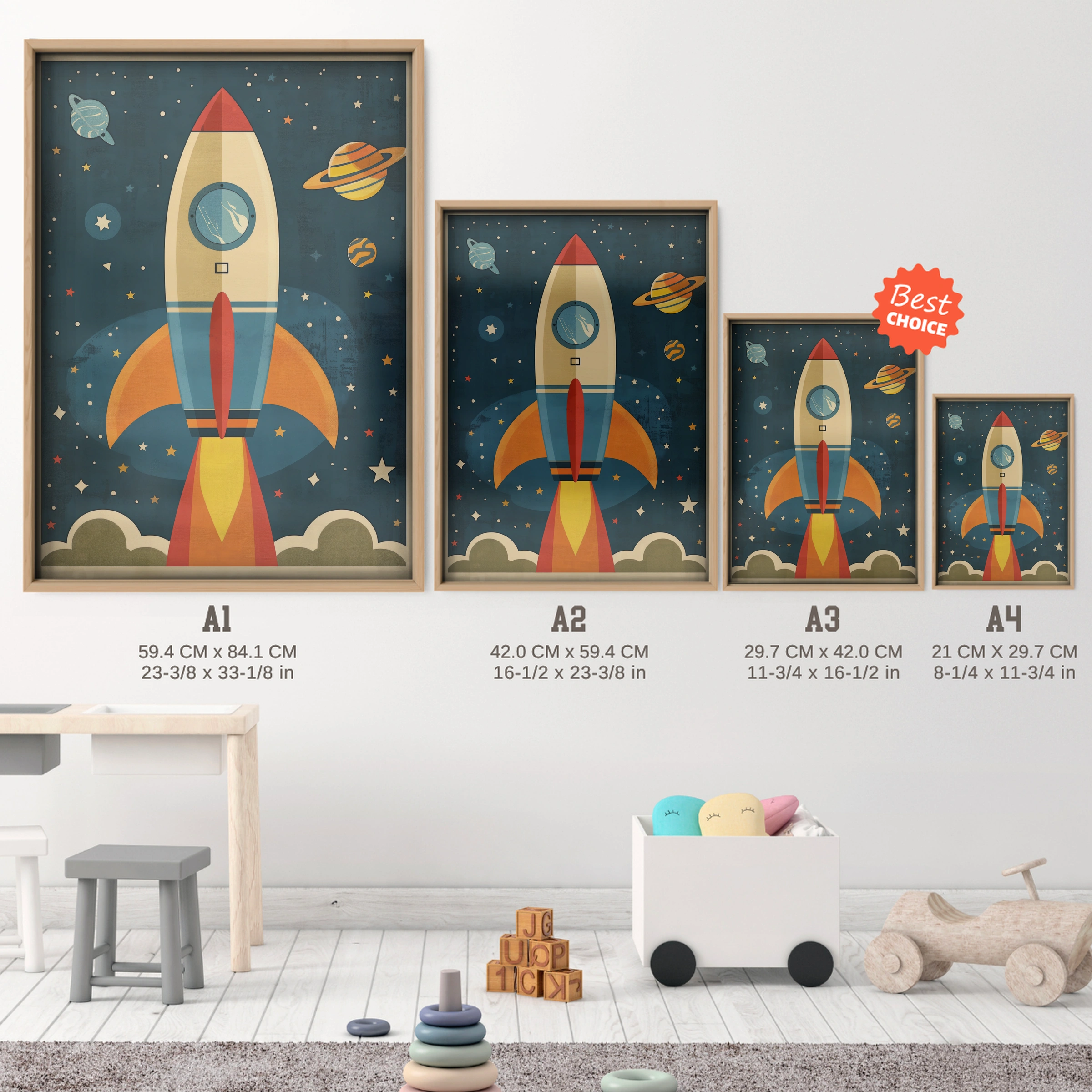 Rocket to the Stars Nursery Print - size guide A4 A3 A2 A1 nursery print