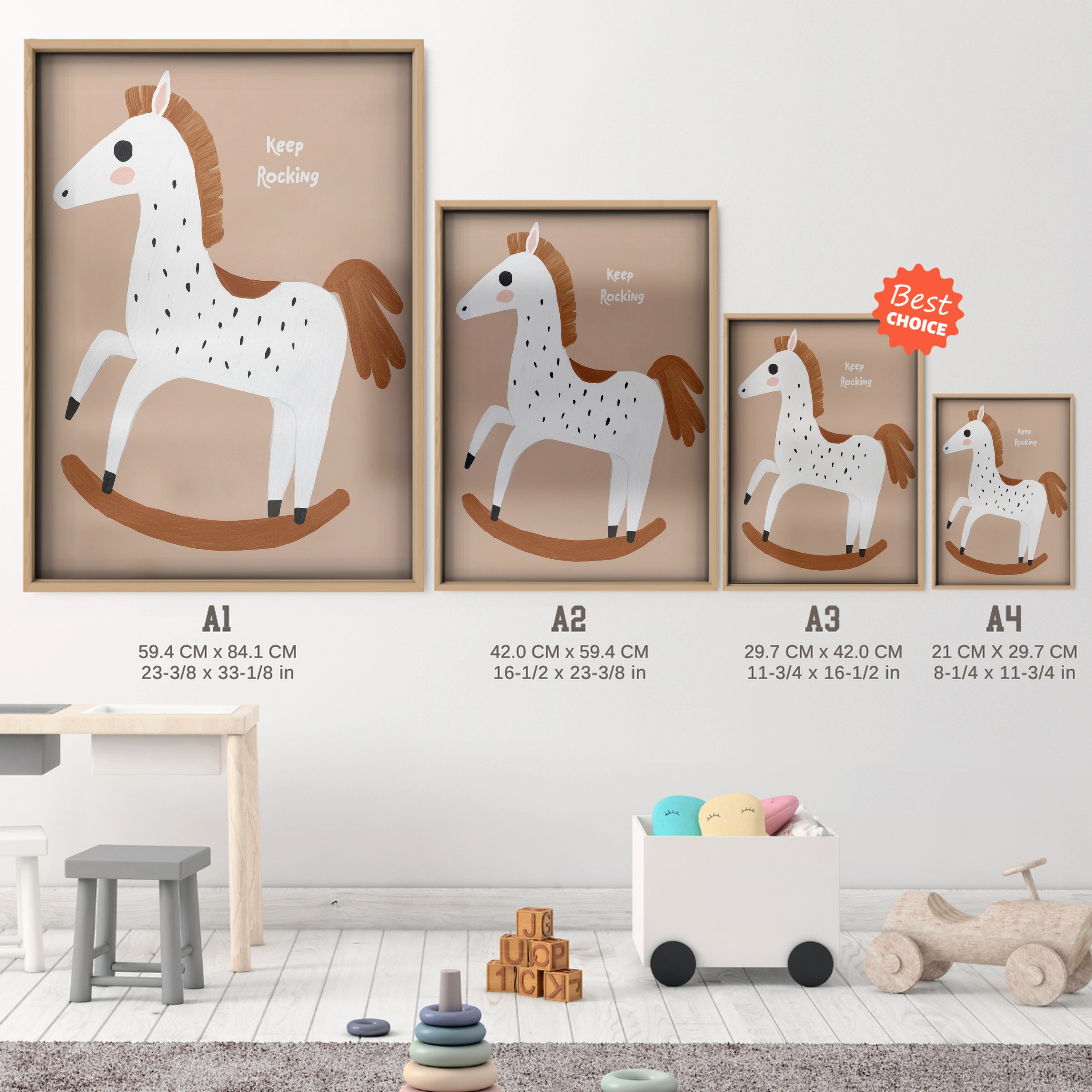 Rocking Horse Nursery Print - size guide A4 A3 A2 A1 nursery print