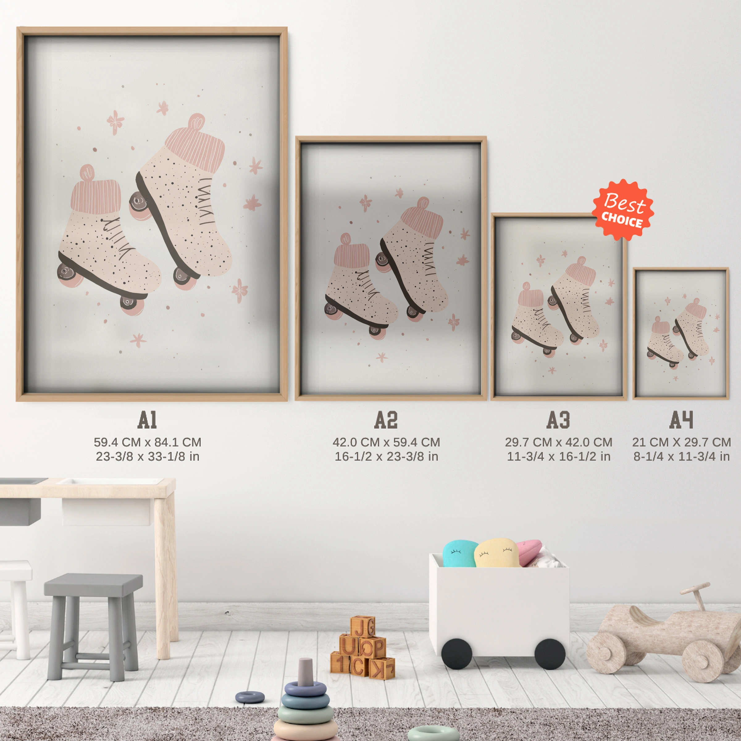 Roller Skates Nursery Print - size guide A4 A3 A2 A1 nursery print