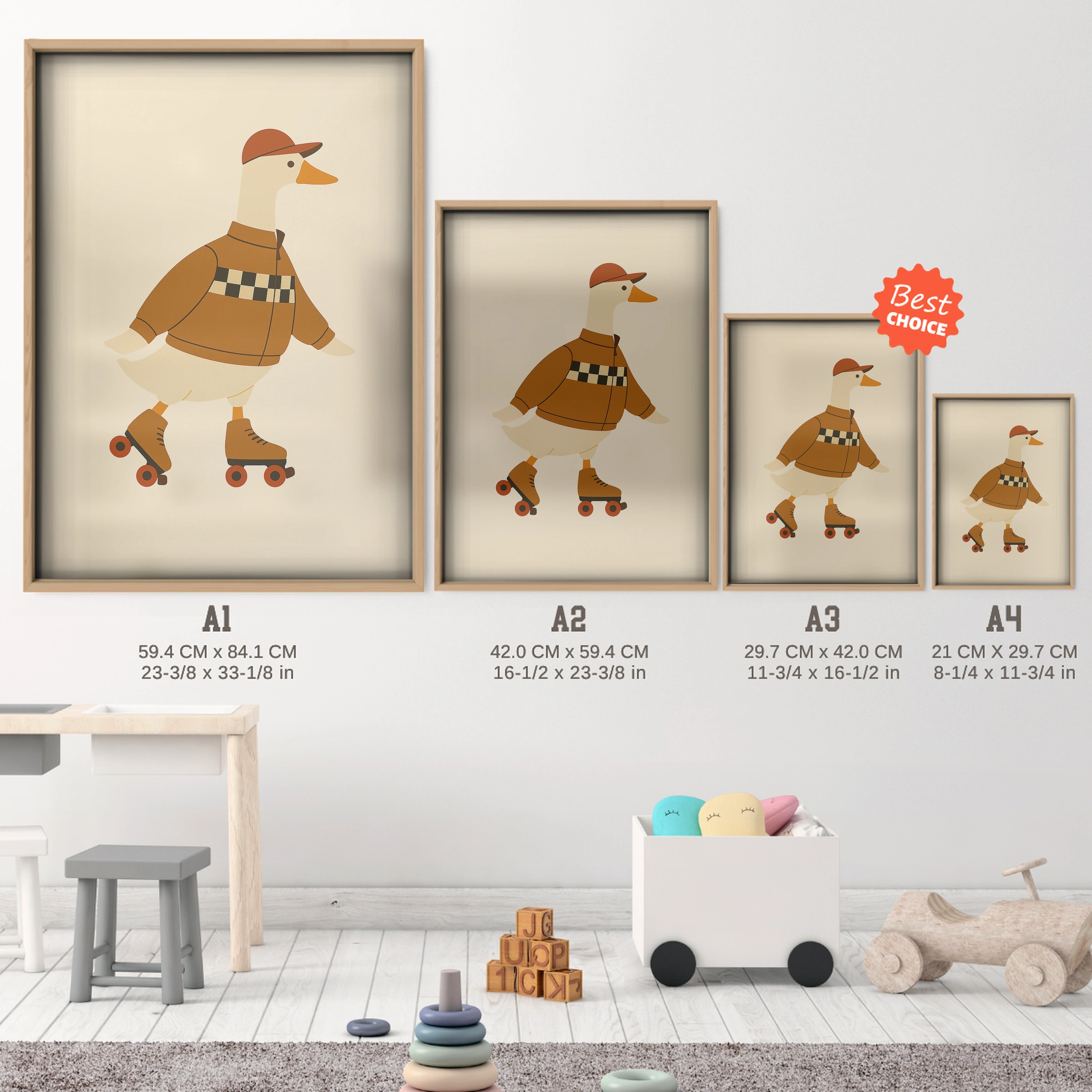Roller Skating Goose Nursery Print - size guide A4 A3 A2 A1 nursery print