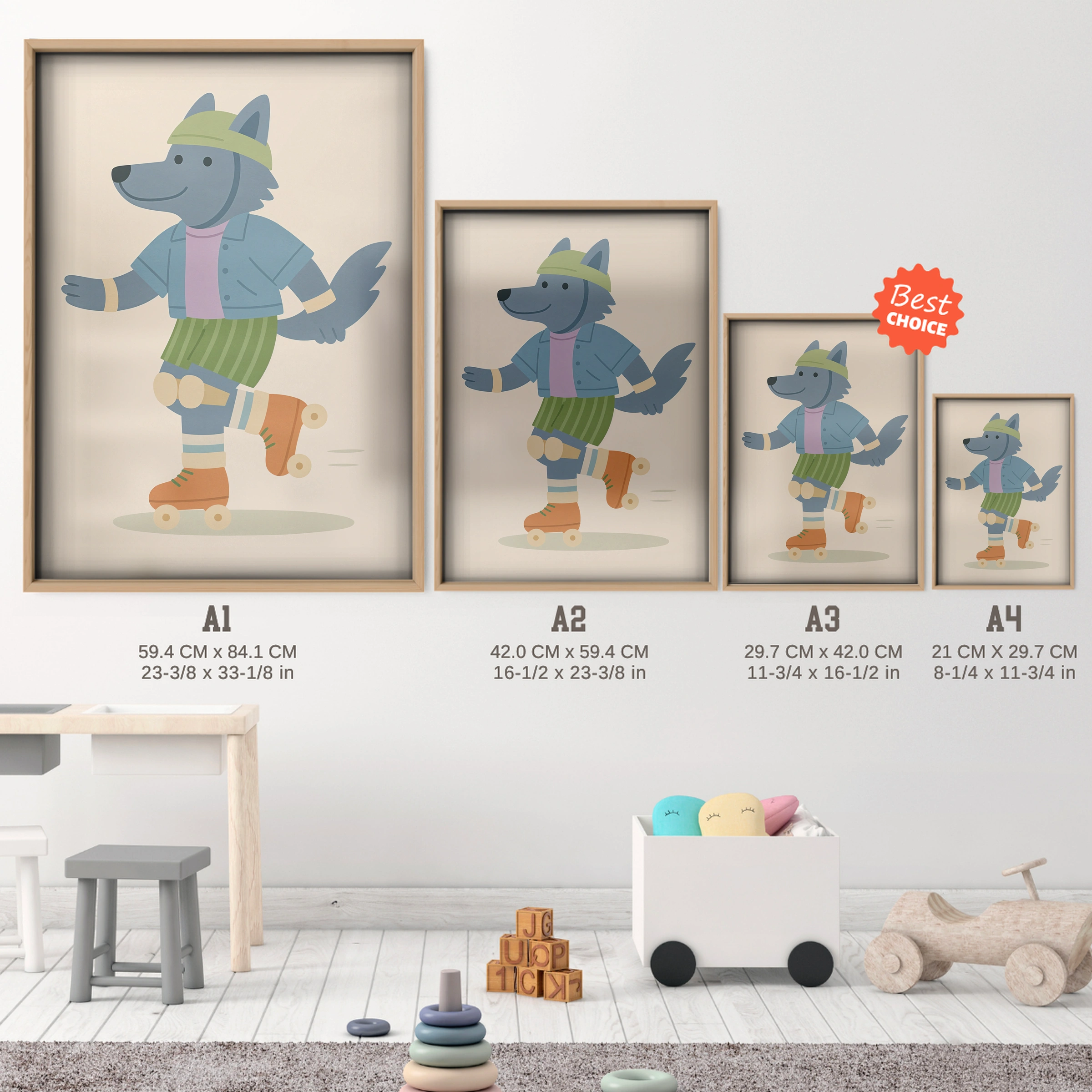 Roller Skating Wolf Nursery Print - size guide A4 A3 A2 A1 nursery print