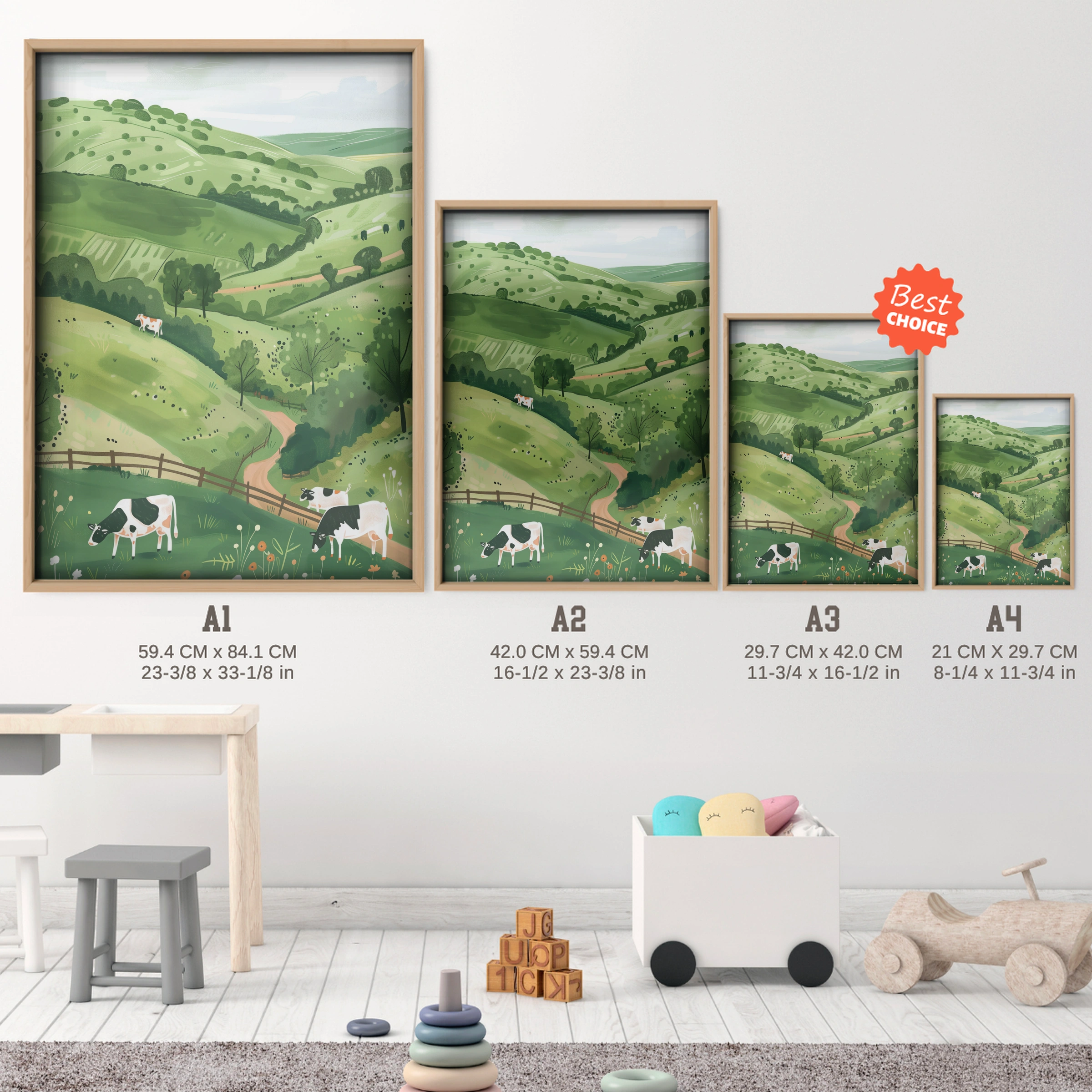 Rolling Hills Nursery Print - size guide A4 A3 A2 A1 nursery print