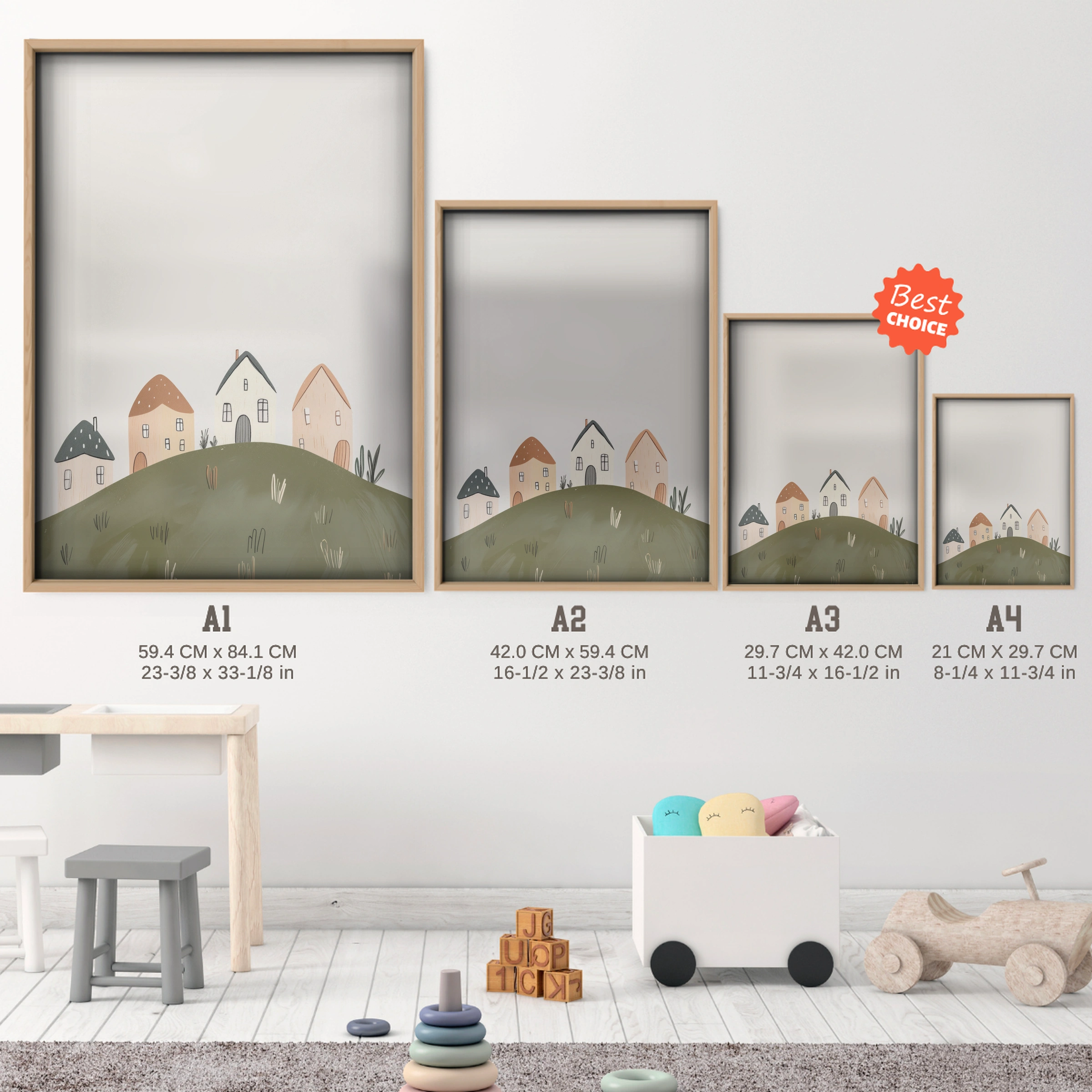 Rolling Hills Village Nursery Print - size guide A4 A3 A2 A1 nursery print
