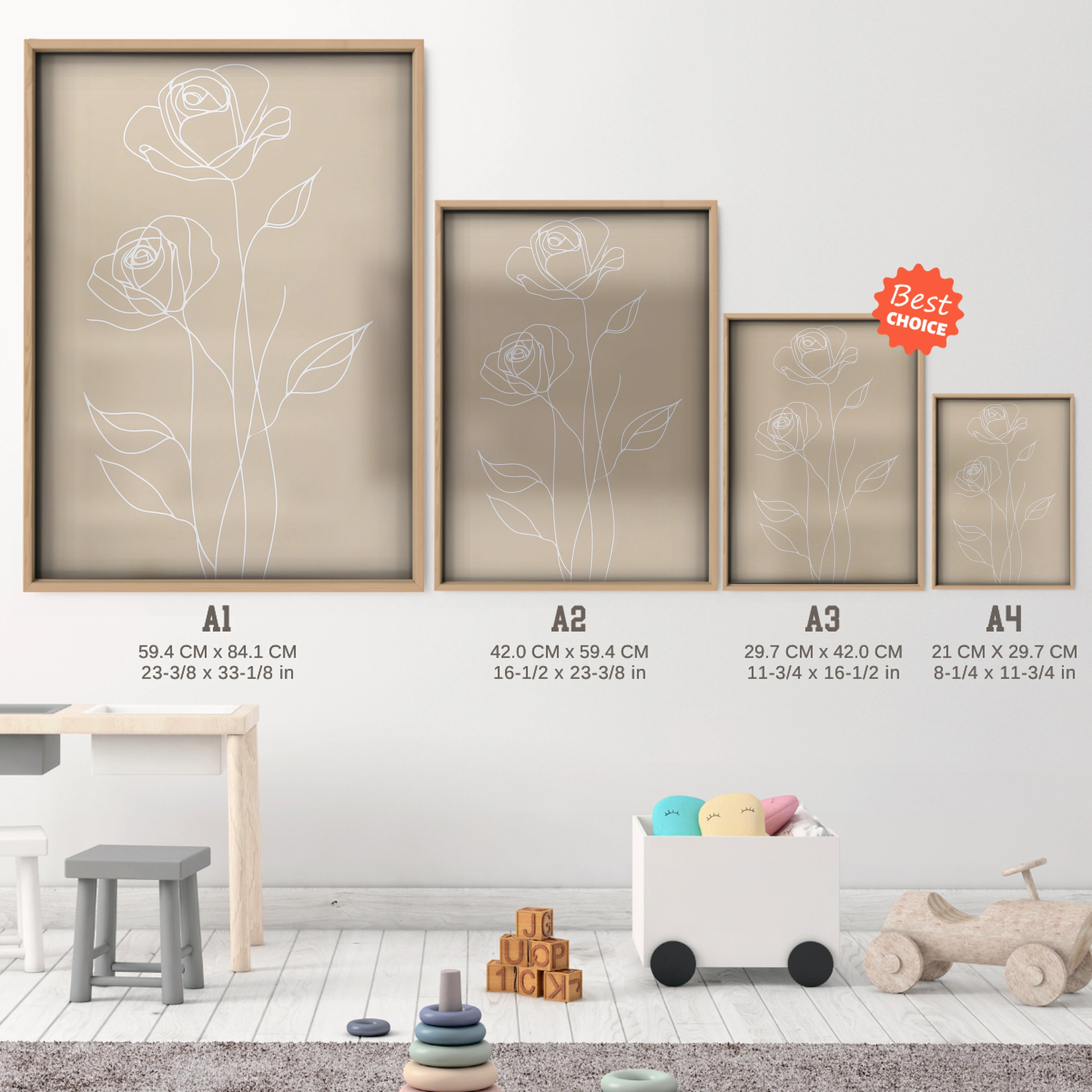Roses Line Art Nursery Print - size guide A4 A3 A2 A1 nursery print