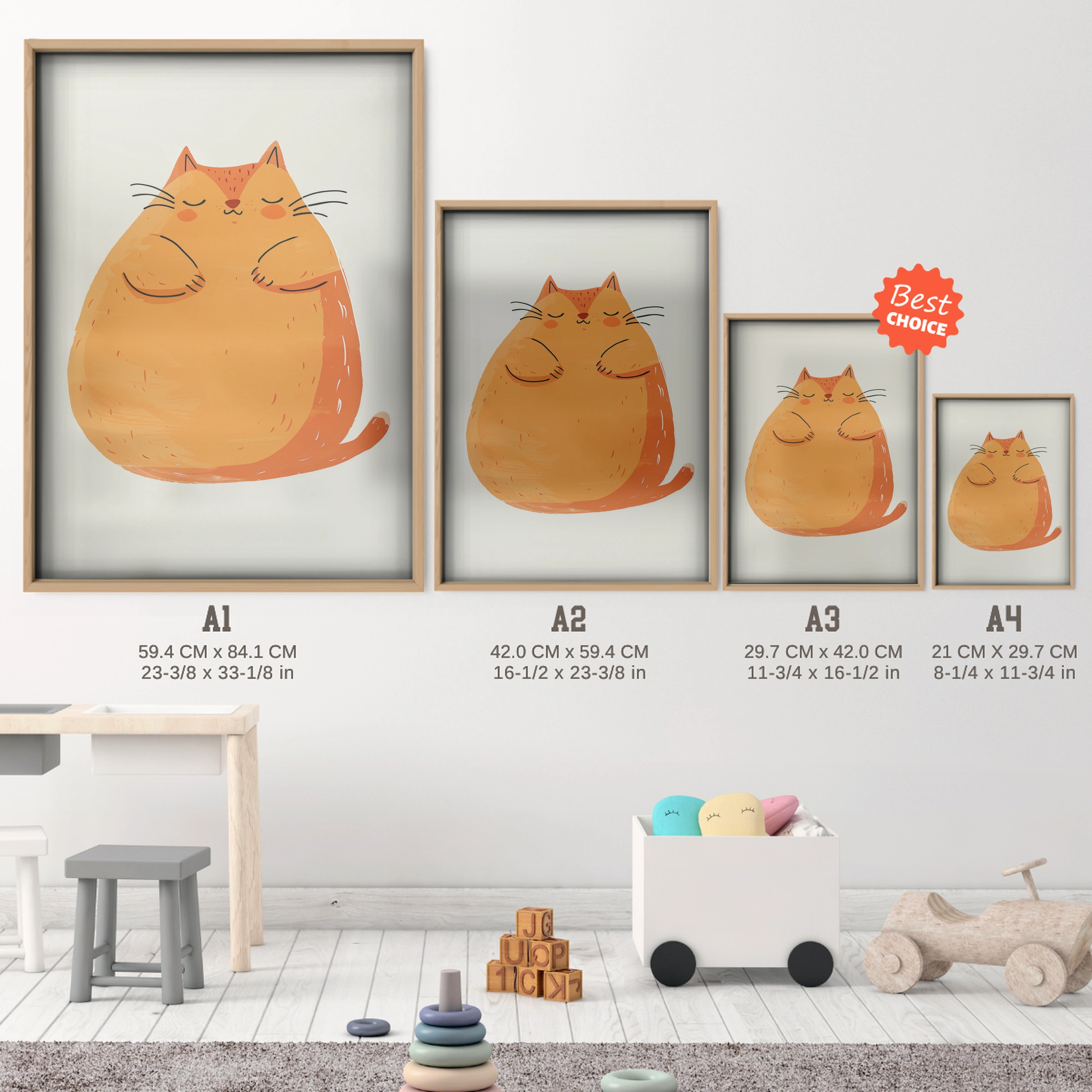 Round Orange Cat Nursery Print - size guide A4 A3 A2 A1 nursery print