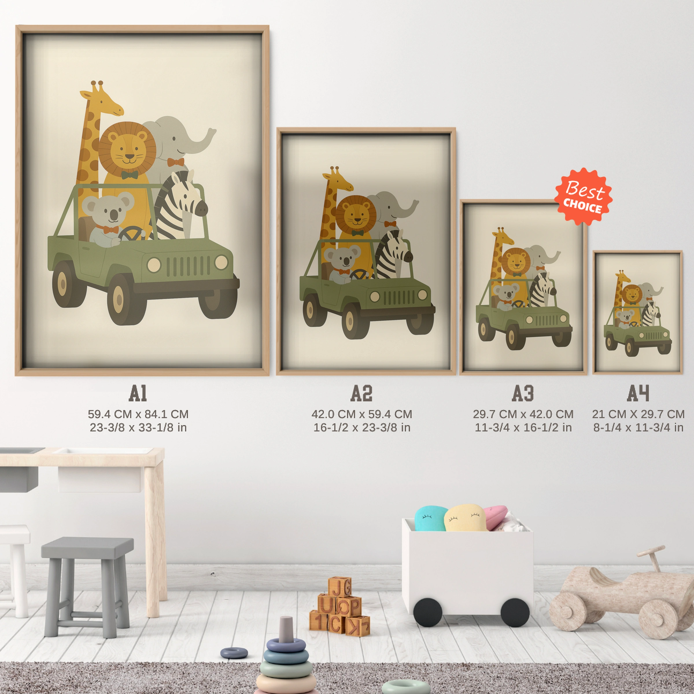 Safari Animals in a Jeep Nursery Print - size guide A4 A3 A2 A1 nursery print