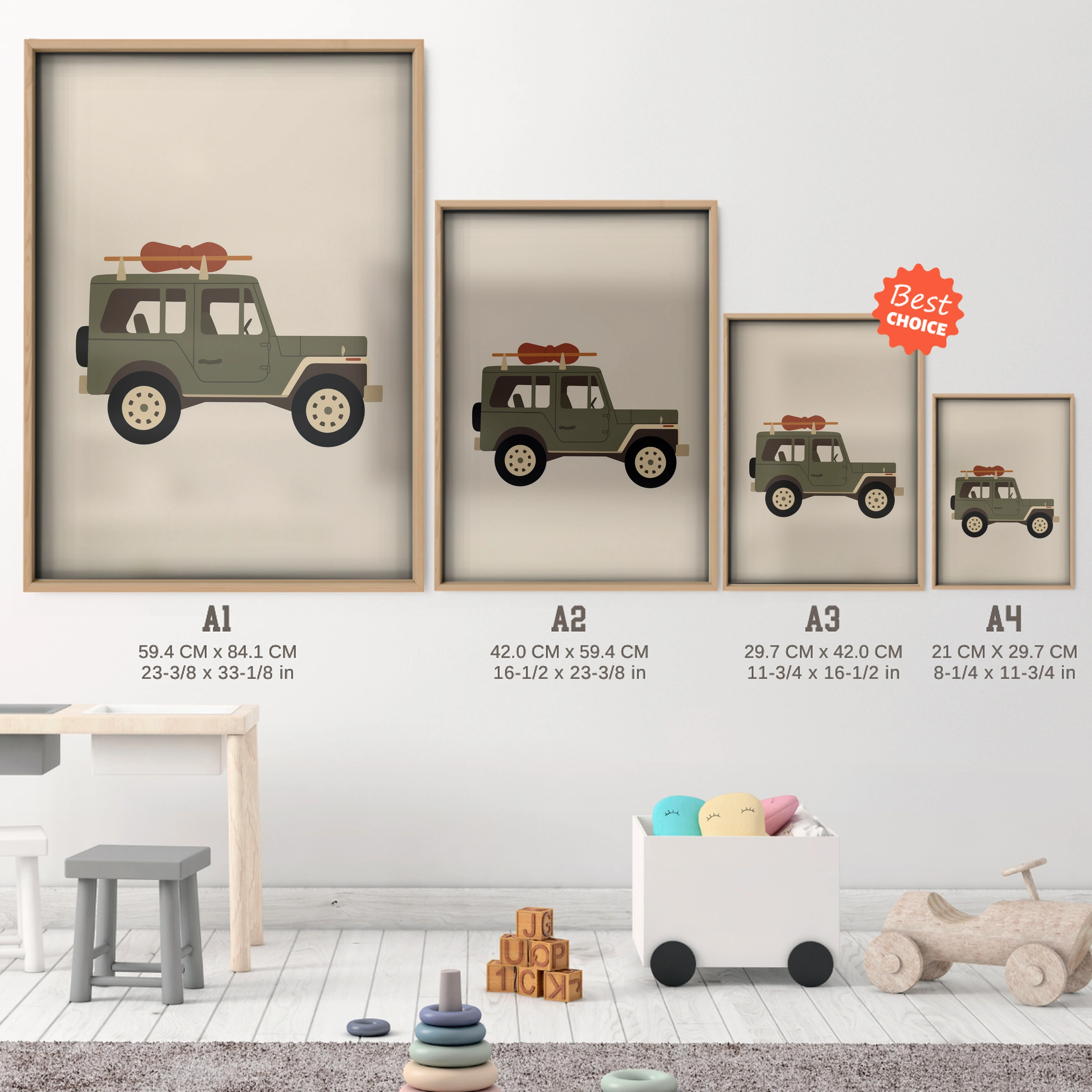 Safari Jeep Nursery Print - size guide A4 A3 A2 A1 nursery print