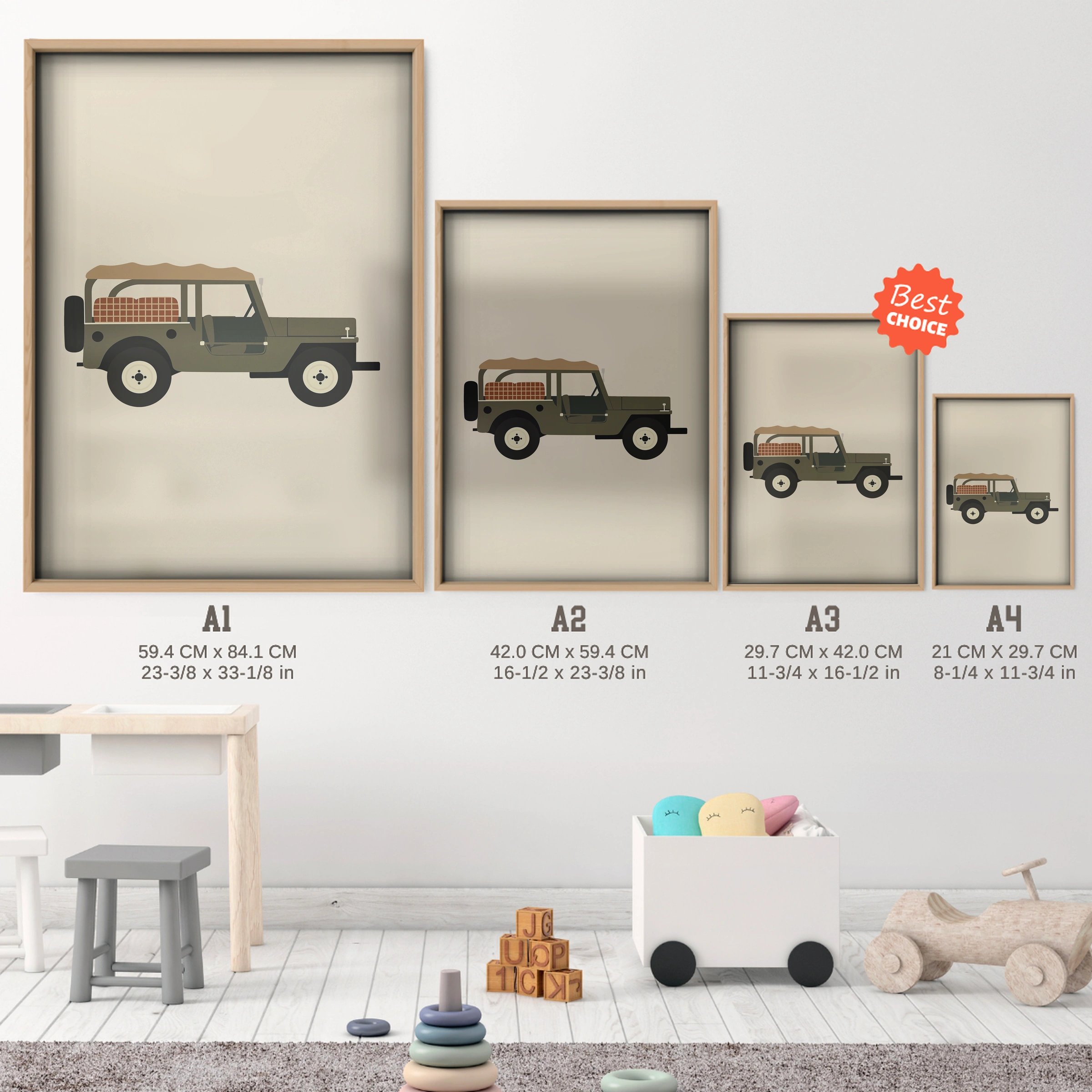 Safari Land Rover Nursery Print - size guide A4 A3 A2 A1 nursery print