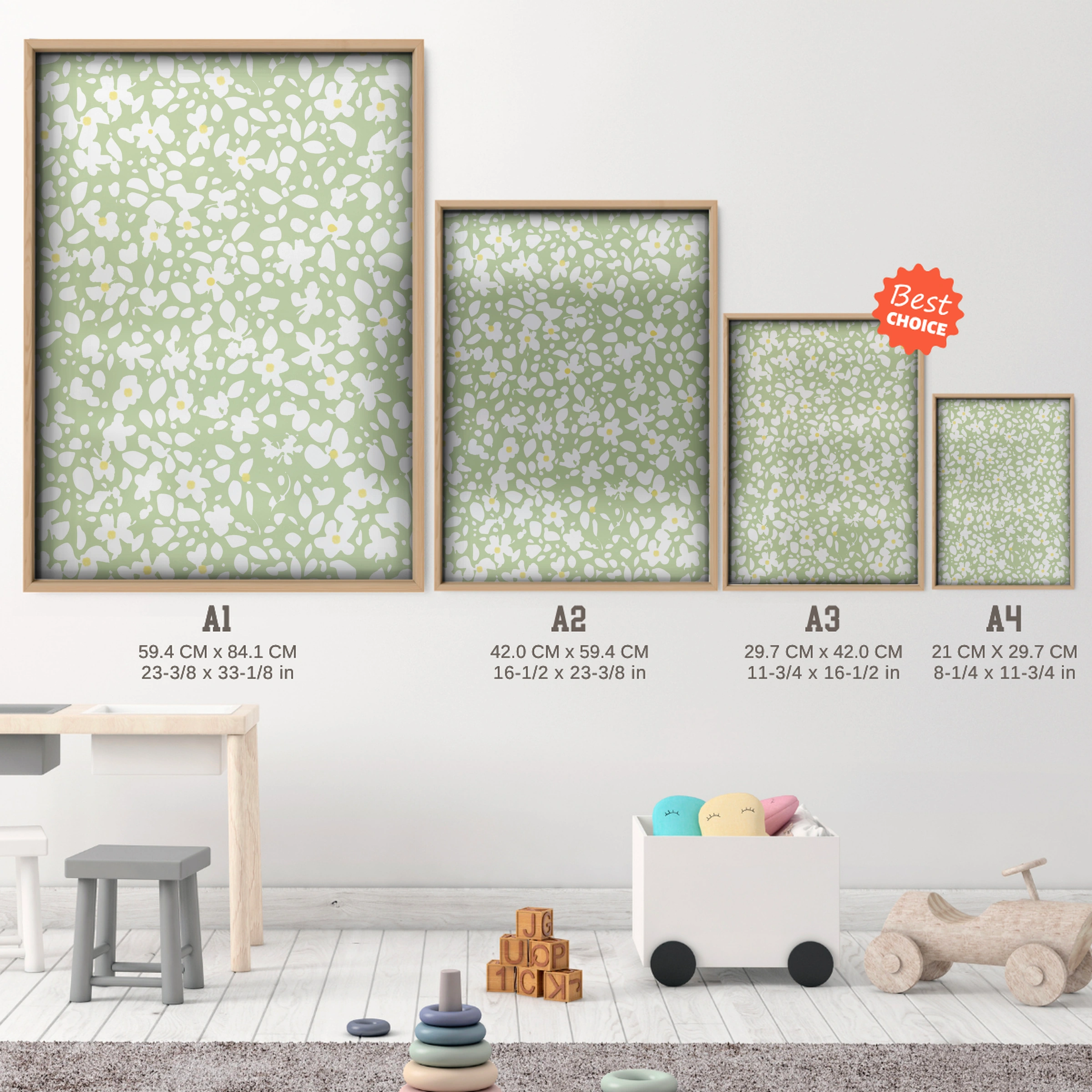 Sage Floral Nursery Print - size guide A4 A3 A2 A1 nursery print