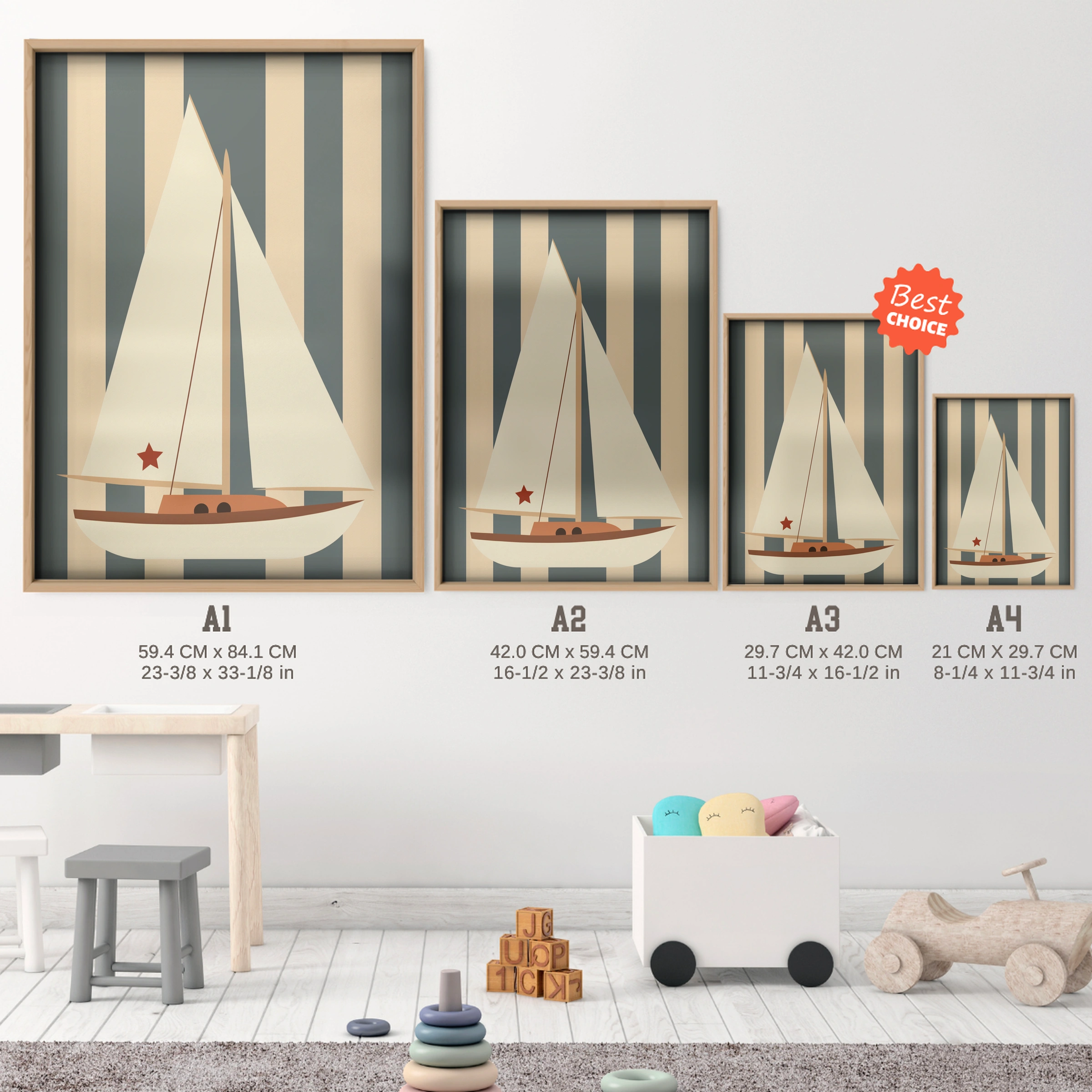 Sailboat Nursery Print - size guide A4 A3 A2 A1 nursery print