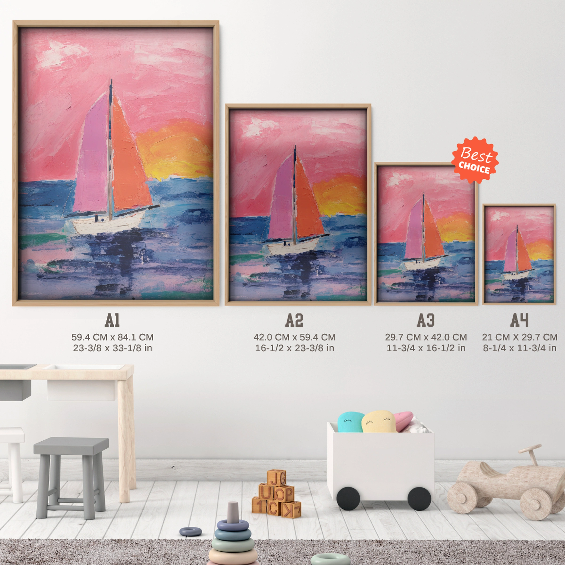 Sailboat Sunset Nursery Print - size guide A4 A3 A2 A1 nursery print